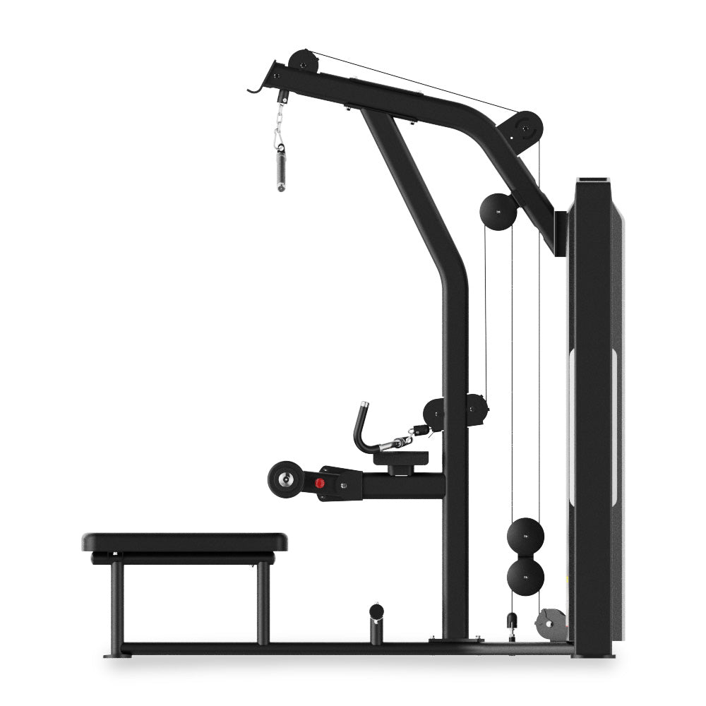 Side profile of the VO3 EVO Lat Pull Down / Seated Row selectorized machine.