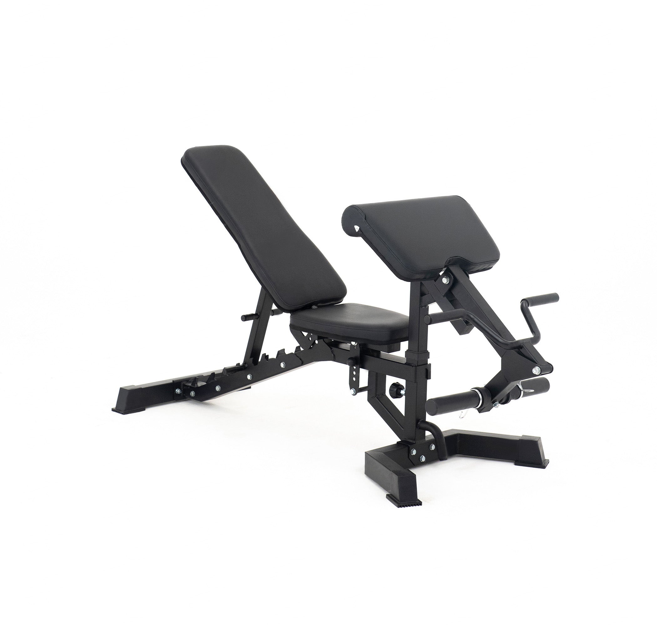 Rear view of VO3-FID5 Bench showcasing transport wheels and lifting handle – space-saving home gym bench design