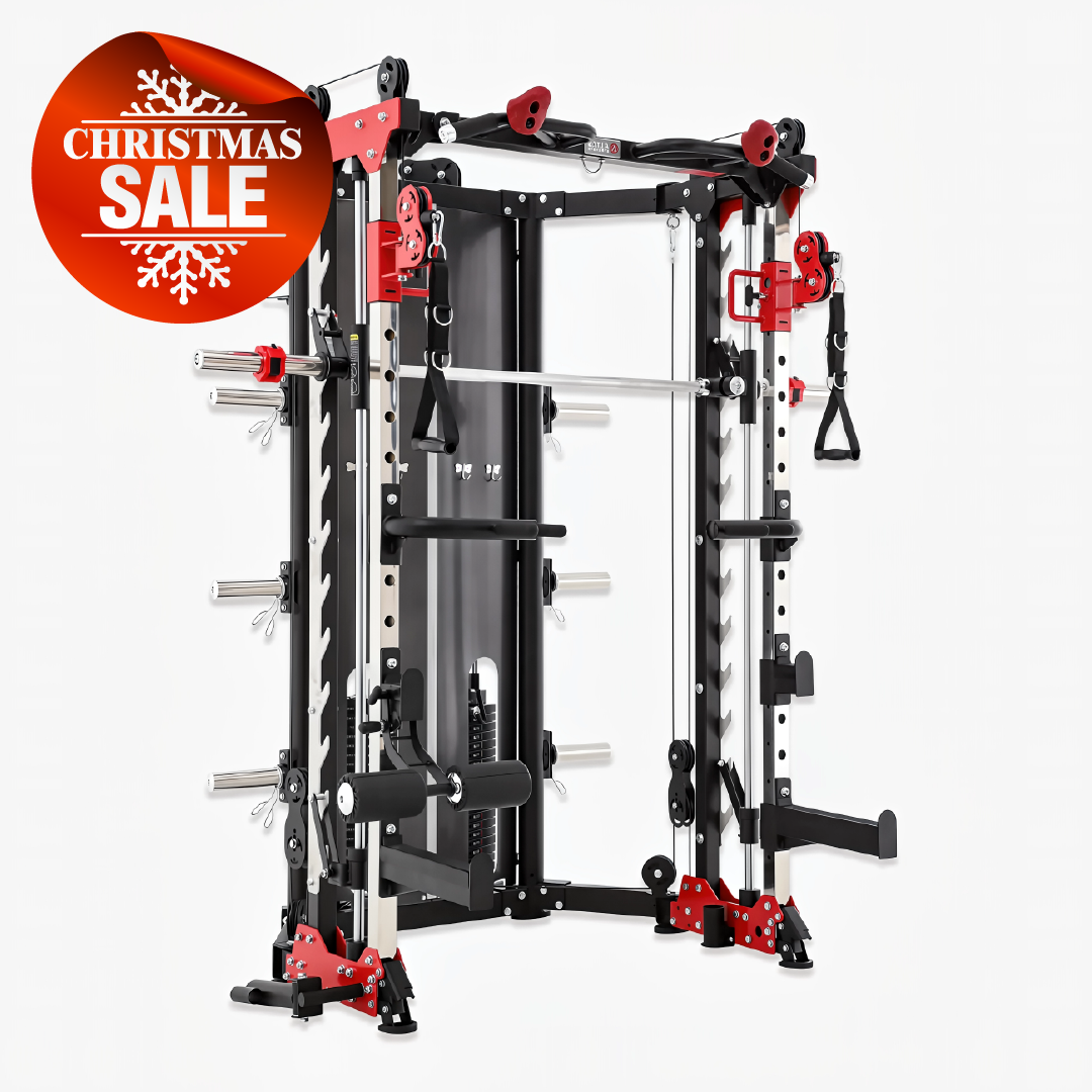 Altas Strength AL-3107 light-commercial folding Smith machine with cable attachments, displayed with Christmas Sale badge.