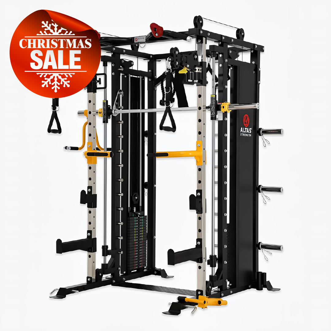Altas Strength AL-3087B Smith Machine with pin-loaded weight stack and pulley system, shown with Christmas Sale badge.