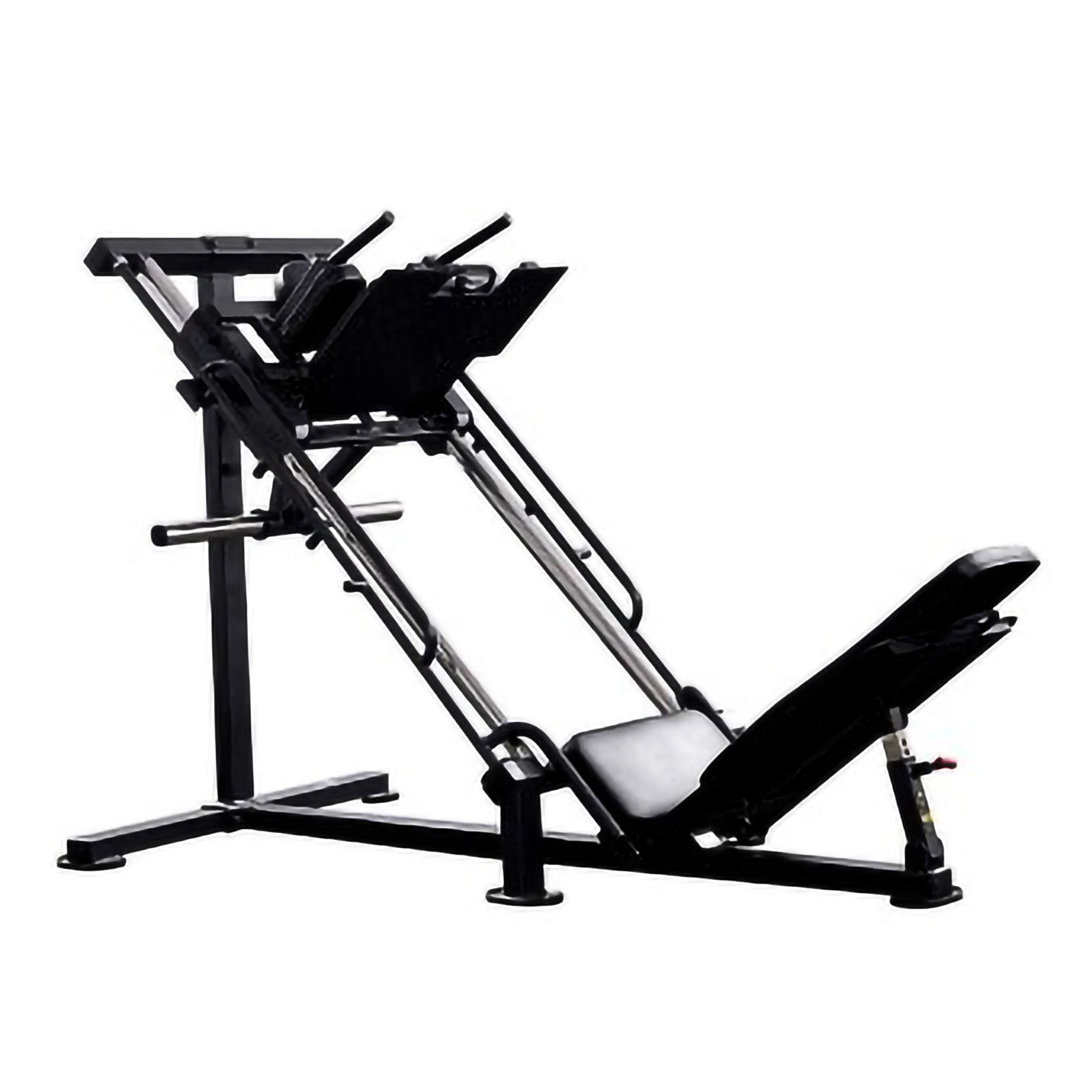 Angled view of commercial leg press and hack squat machine with adjustable backrest and heavy-duty footplate for leg workouts
