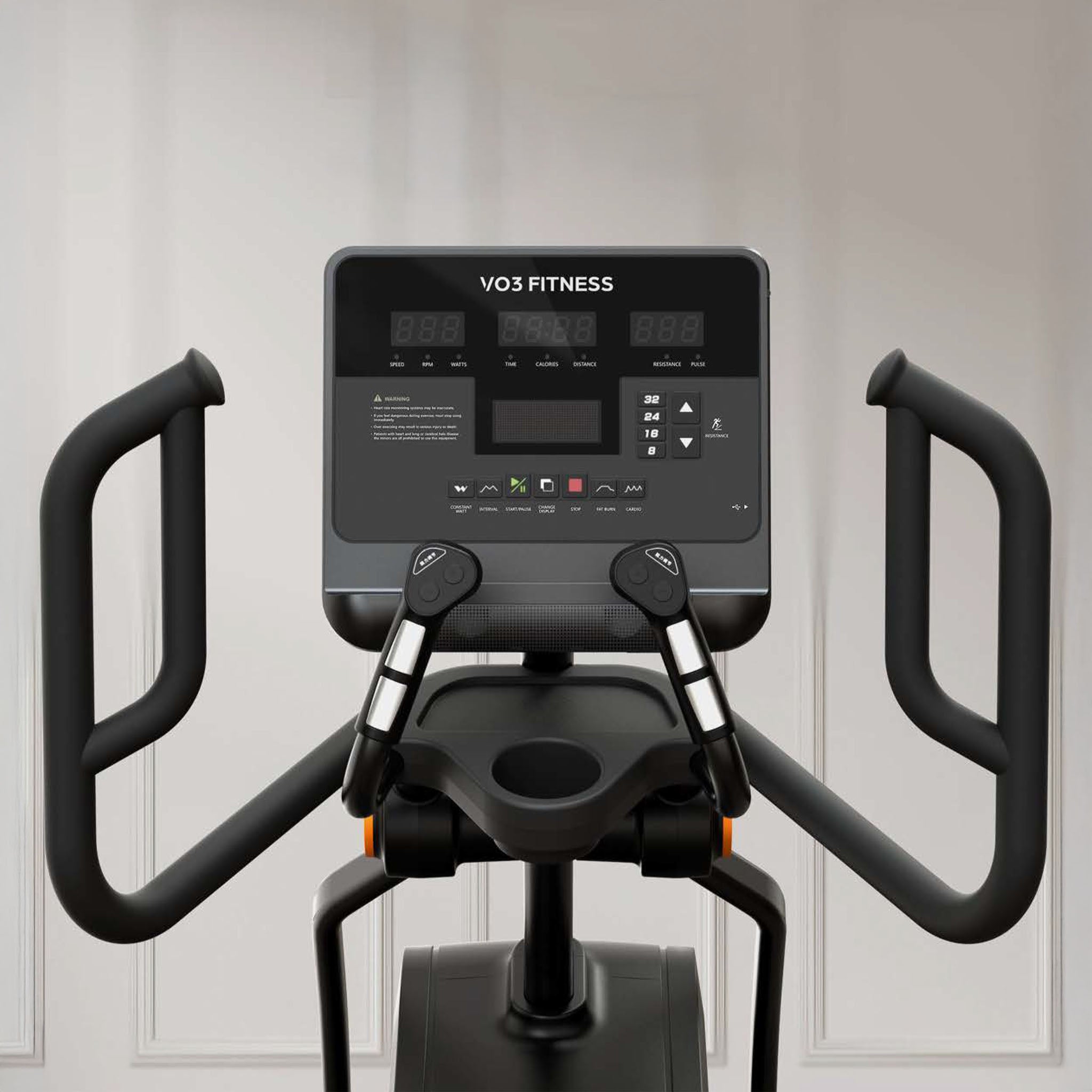 E5 commercial elliptical trainer with screen on in a lifestyle setting