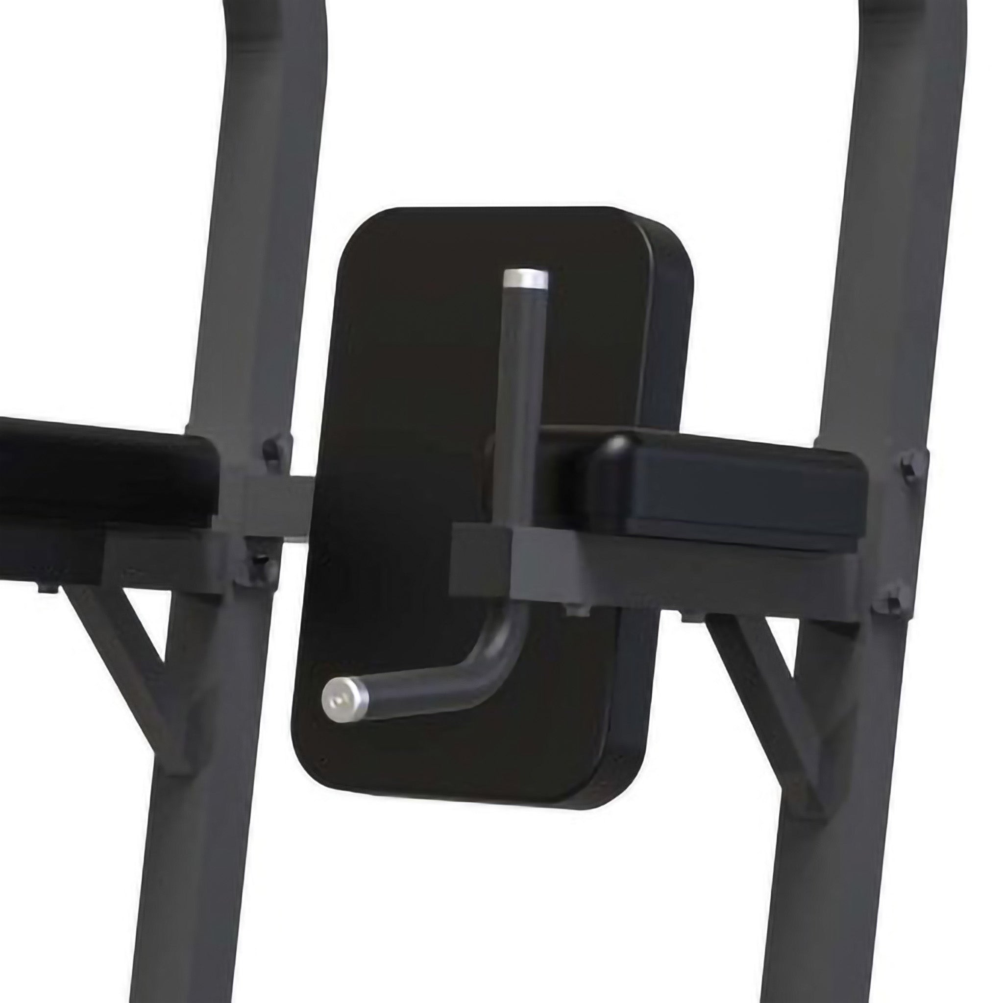 Close-up of padded backrest and arm supports on a power tower workout station for vertical knee raises and core exercises