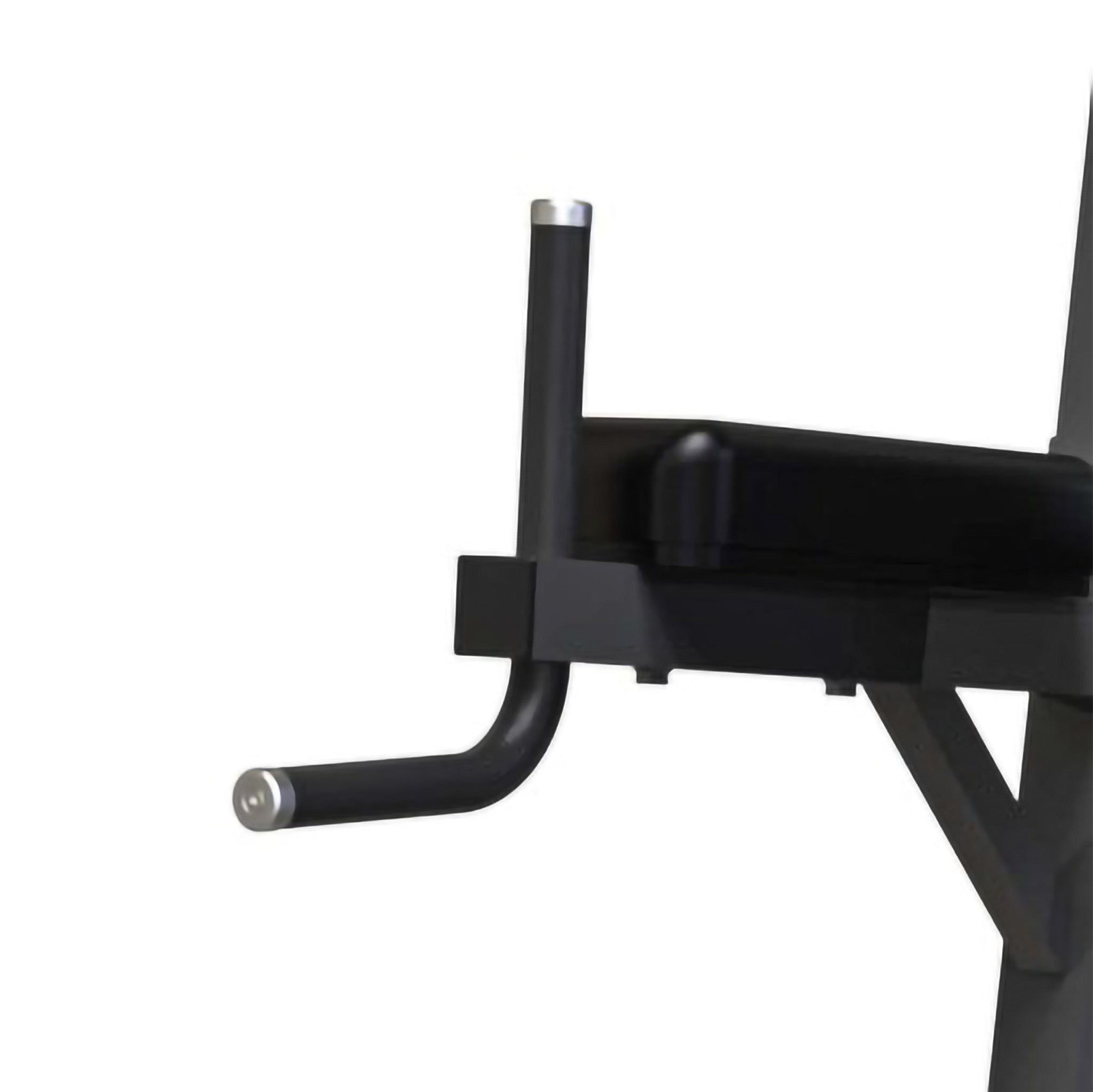 Close-up of dip station armrest and handle on a power tower workout machine with padded support and ergonomic grip