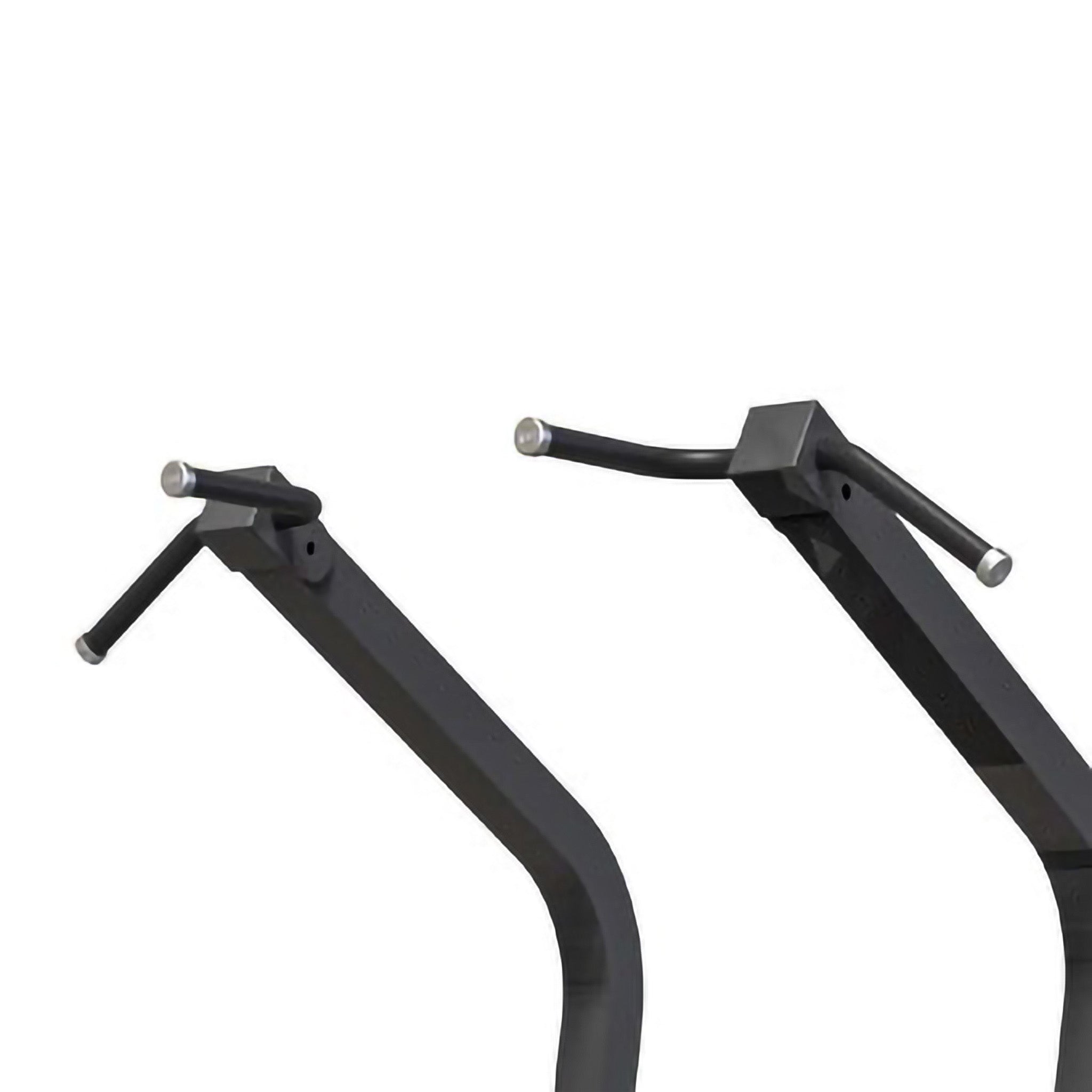 Close-up view of pull-up handles on a power tower workout station showing angled grips and sturdy construction