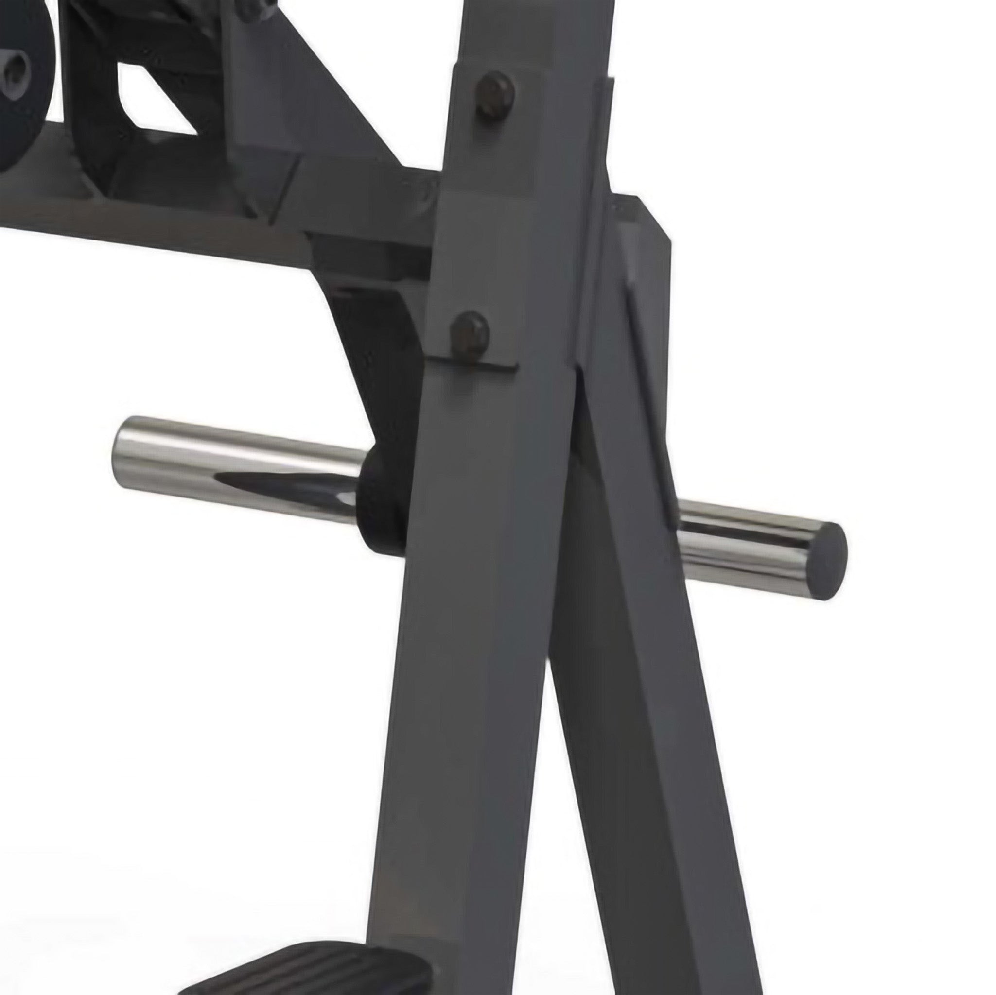 Close-up of the lower frame and chrome weight storage peg on a power tower workout station