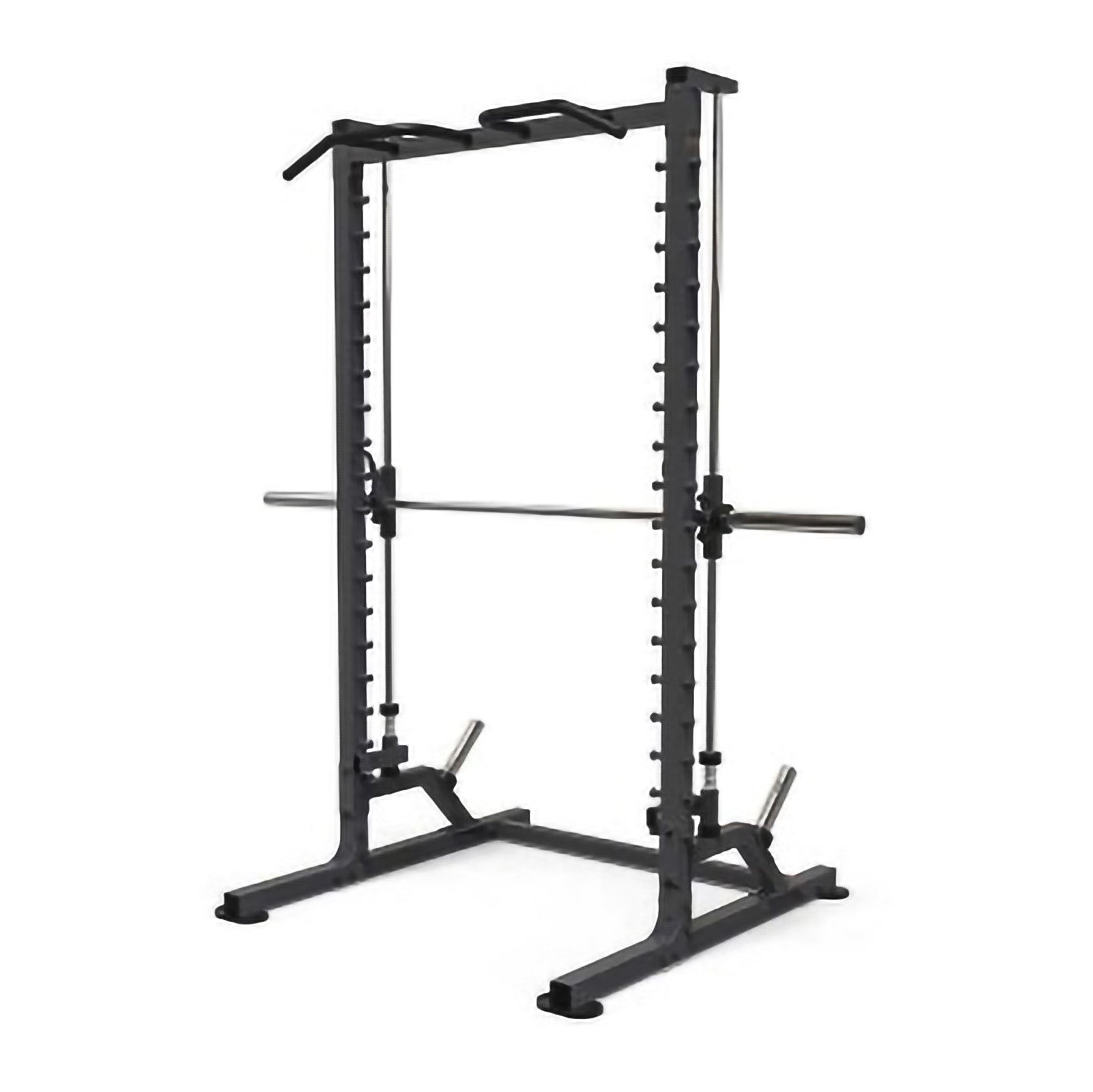 Heavy-duty Smith machine squat rack with barbell and pull-up handles for strength training and guided weightlifting exercises