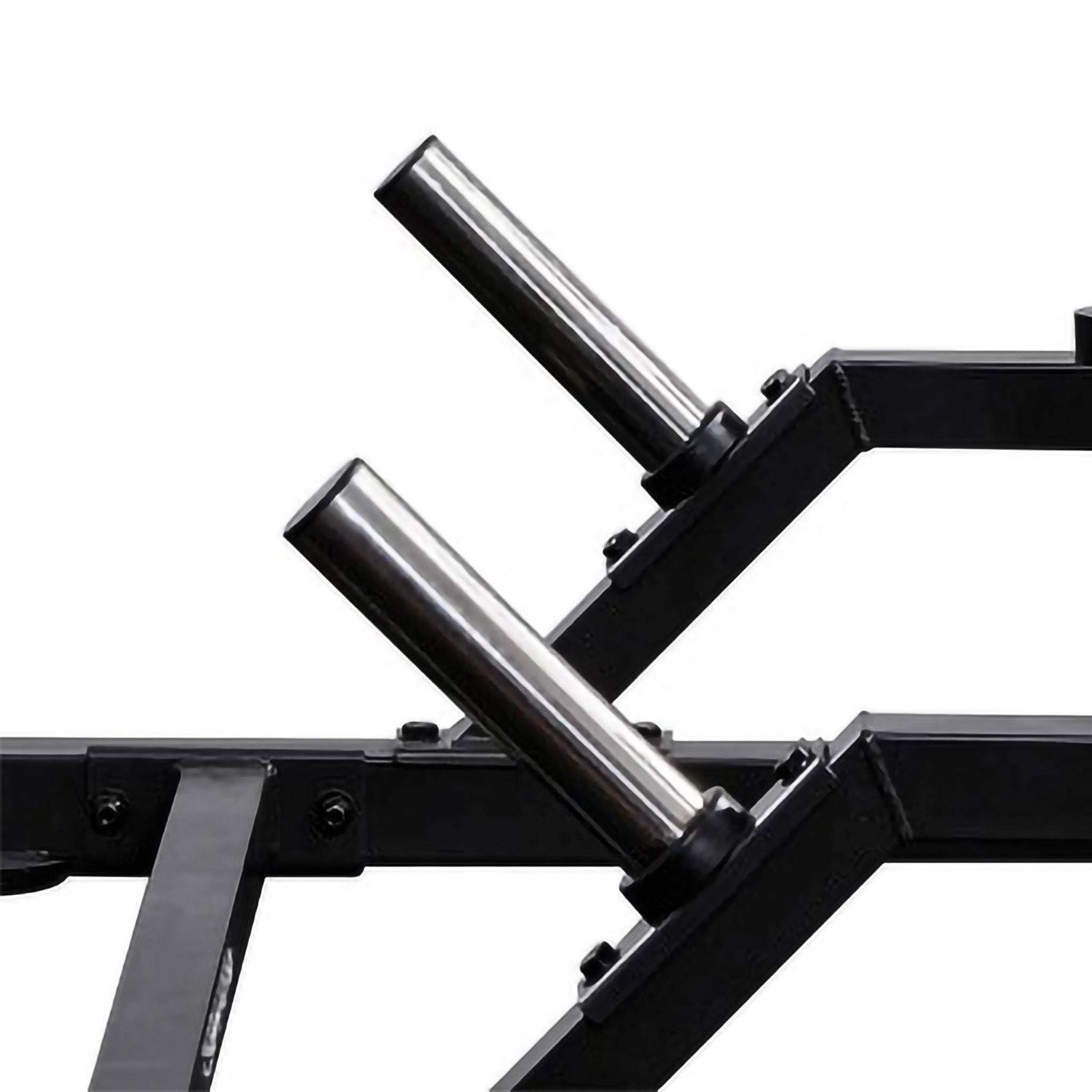 Close-up of angled chrome weight storage pegs on a Smith machine frame for convenient plate organization