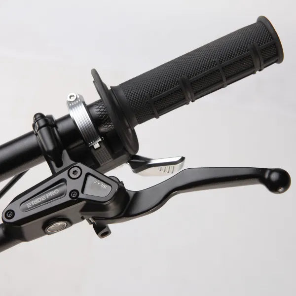 Close-up of motorcycle handlebar with black grips and brake lever on a light gray background