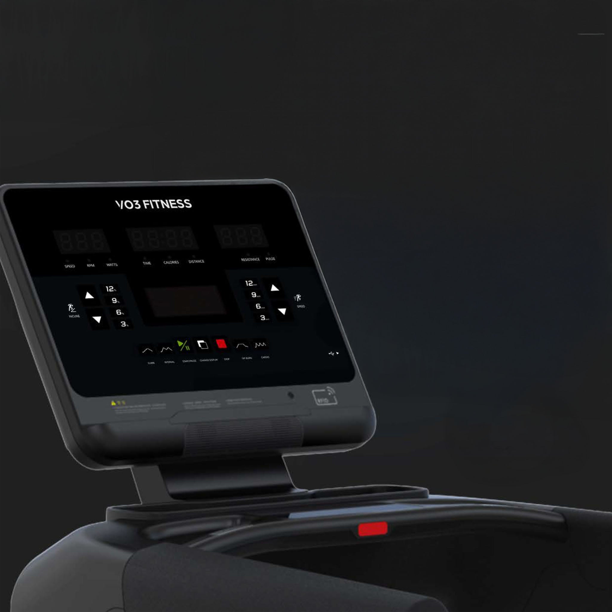 Side view of T5 commercial treadmill screen on dark background