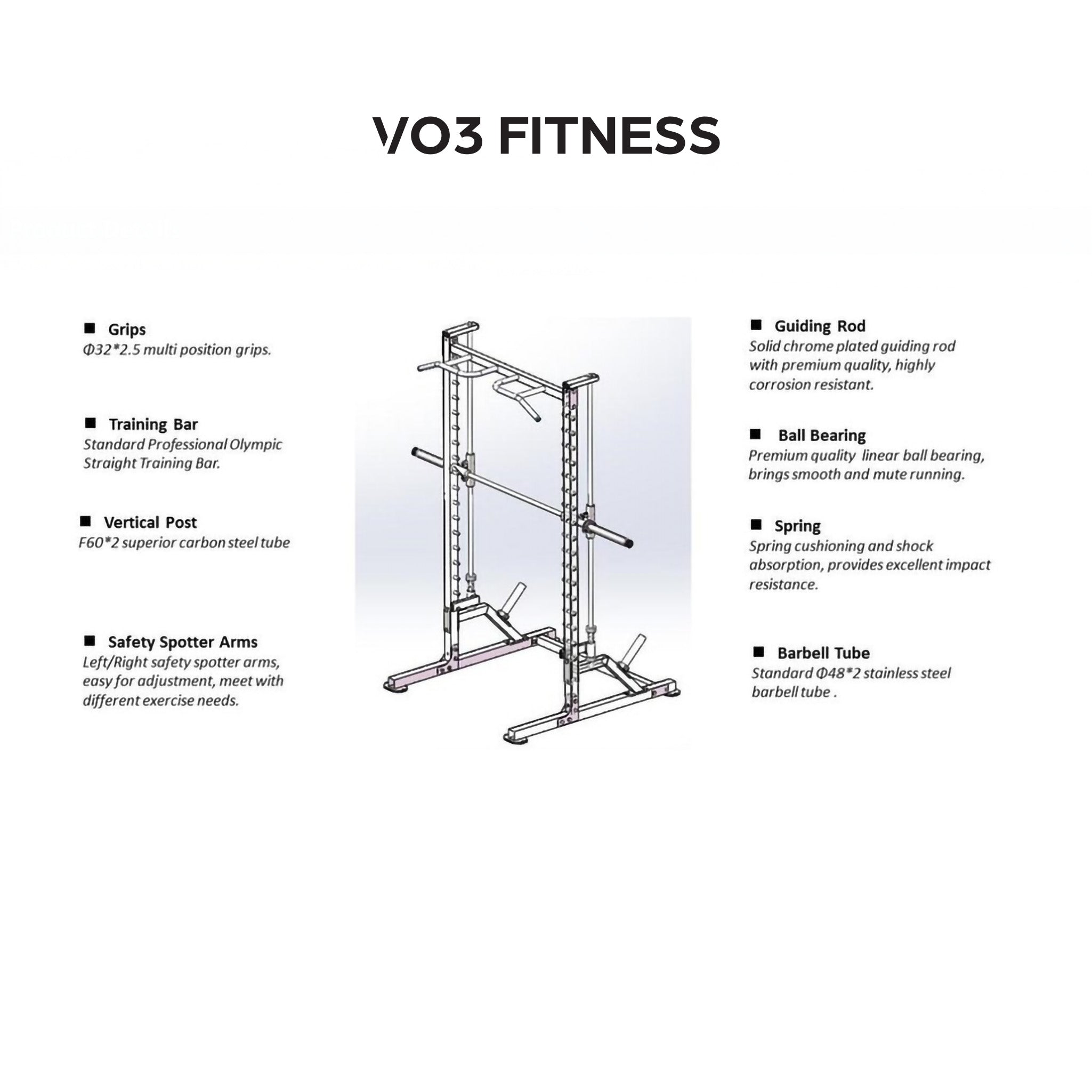 Product details diagram of the VO3-201HR Smith Machine showing key components like grips, training bar, guiding rod, safety spotter arms, and barbell tube with descriptions
