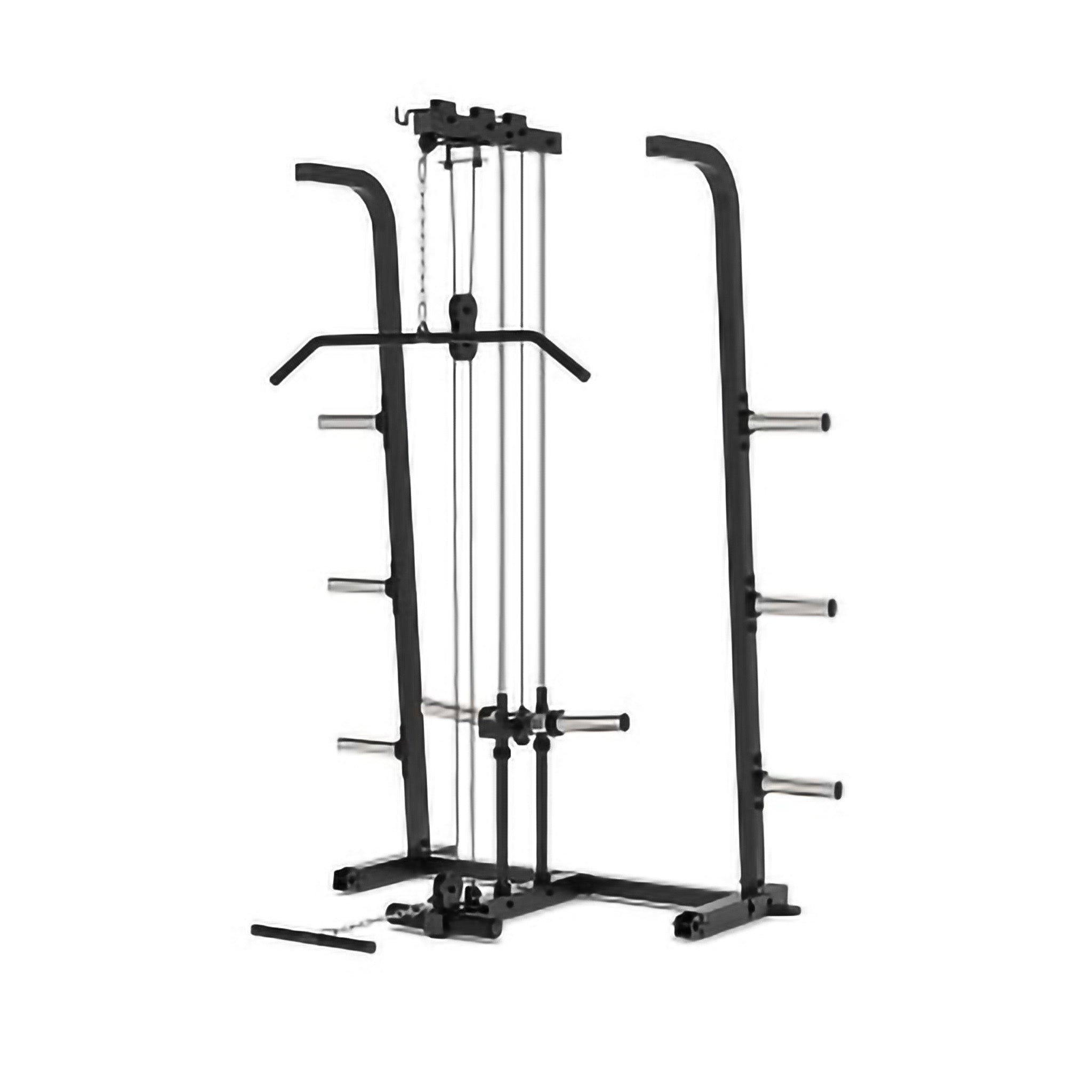 Close-up image of a fitness equipment pulley system with cable running through a black metal frame and chrome guide rods.