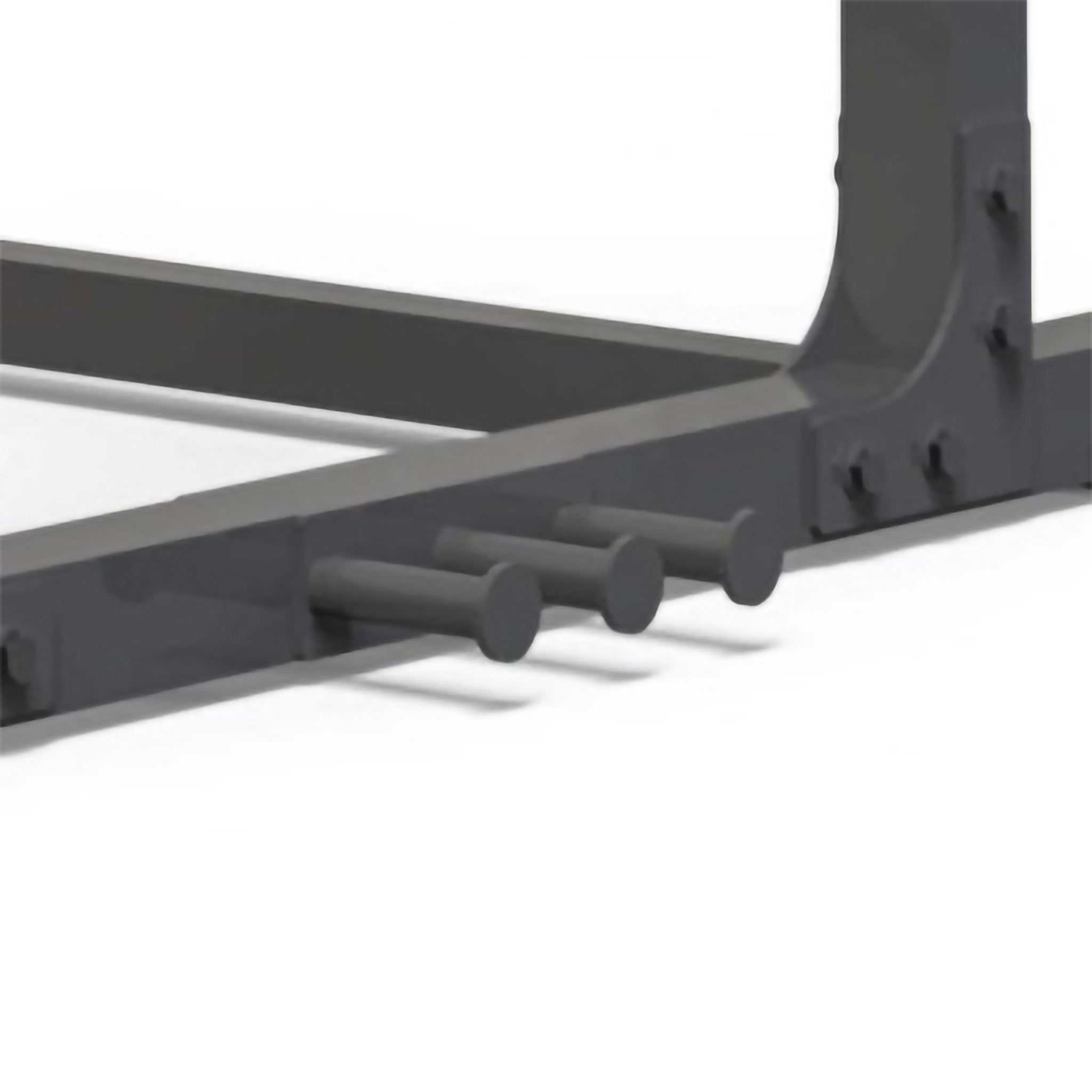 Close-up of the VO3-217PR Power Rack base featuring built-in band pegs for resistance band training and added workout versatility