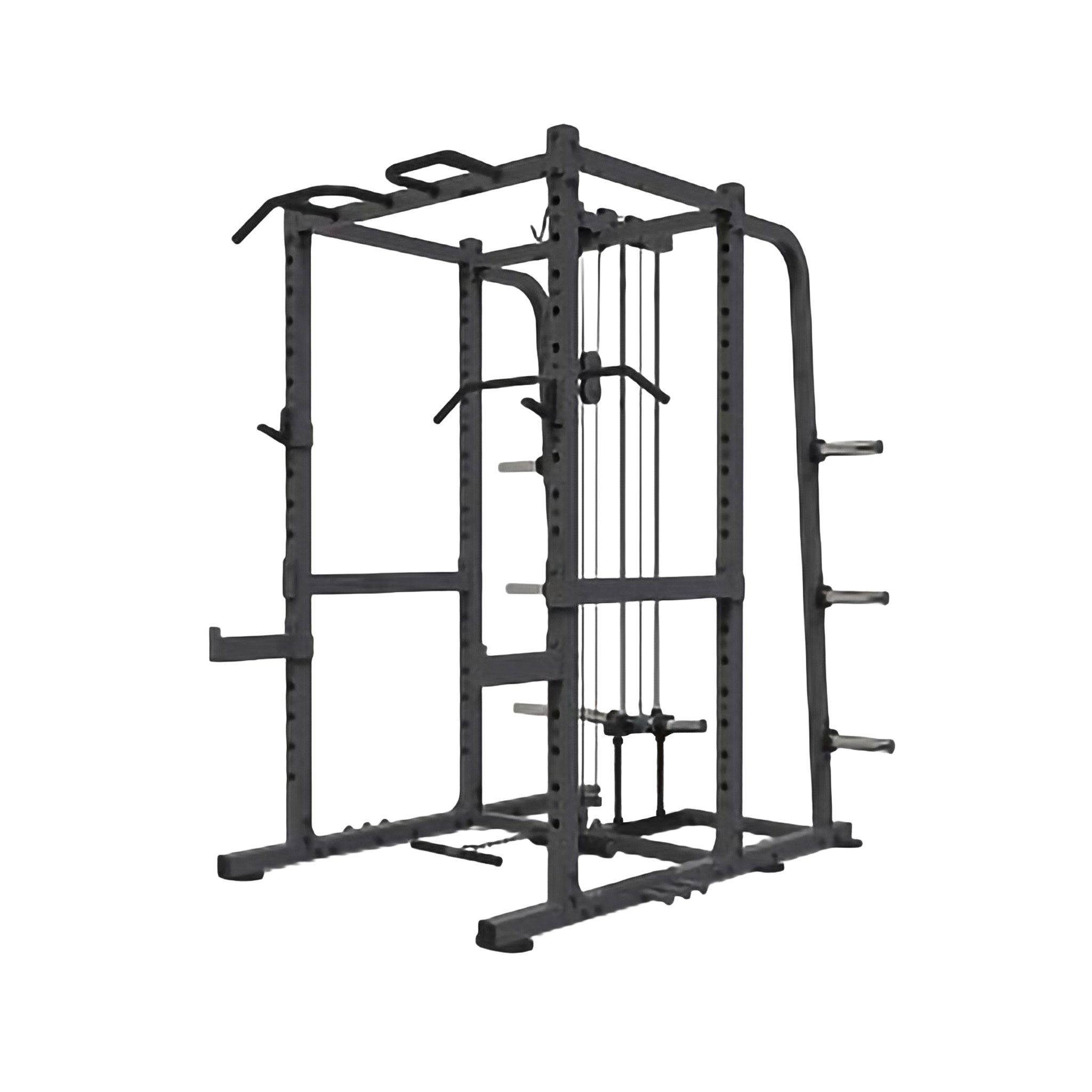 VO3-217PR Functional Power Rack front view with VO3-217GL Lat Attachment – commercial-grade squat rack with integrated pulley and cable system for versatile strength training.