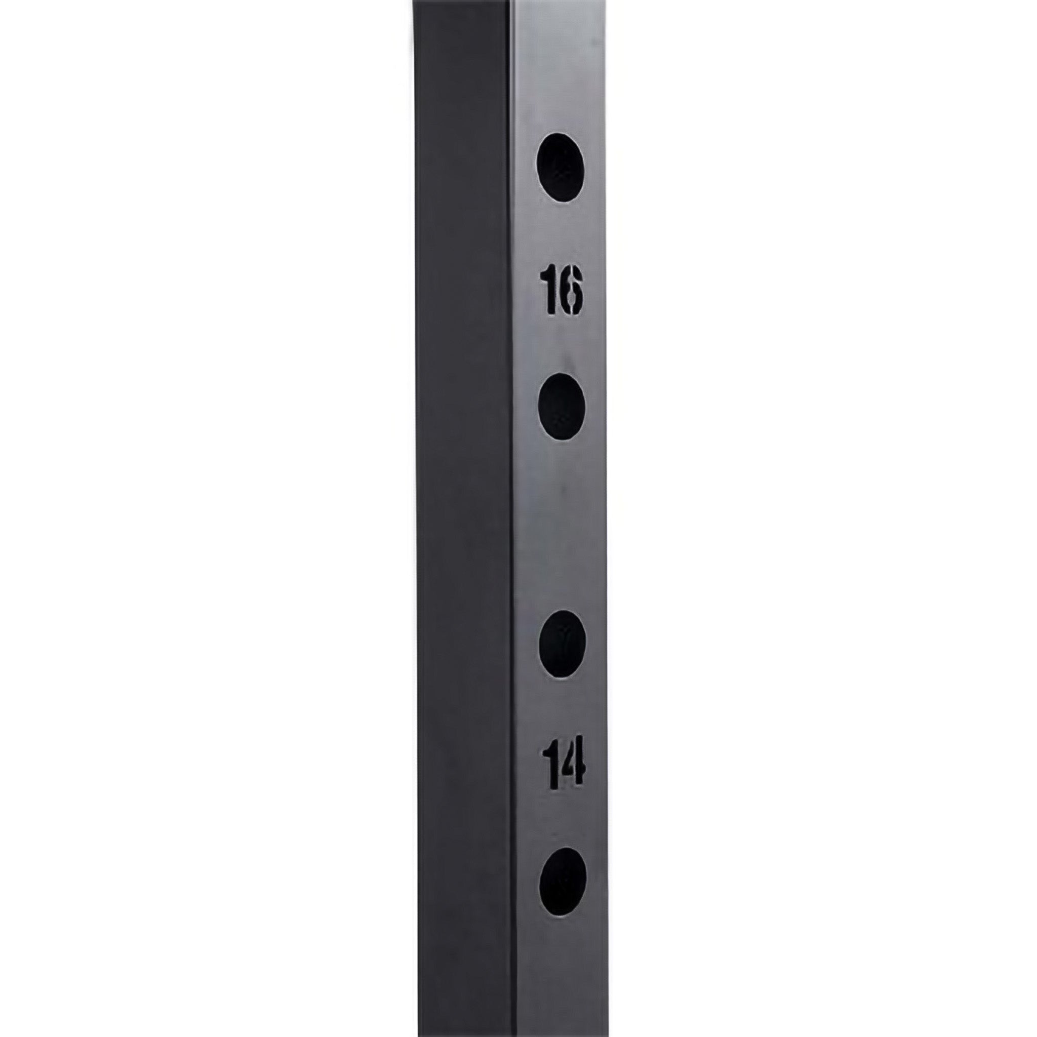 Close-up of the VO3-217PR Power Rack upright post showing laser-etched numbered holes for precise J-hook and safety bar adjustments