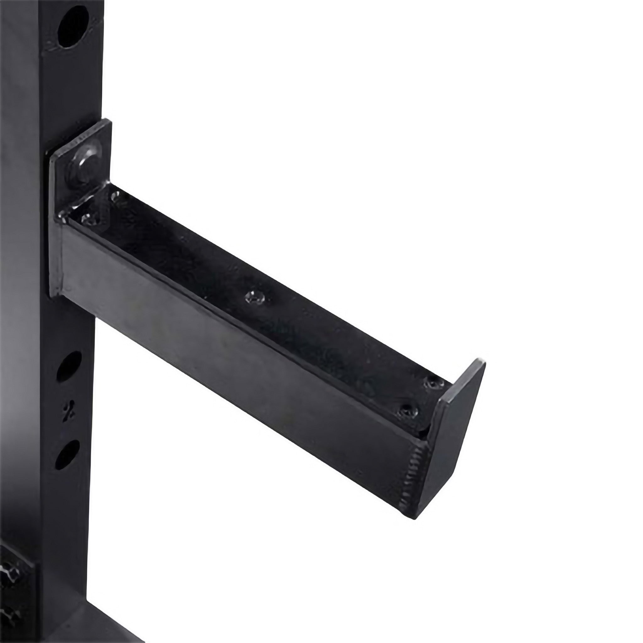 Close-up of the VO3-217PR Power Rack safety spotter arm with reinforced steel construction and secure mounting bracket for heavy lifting protection