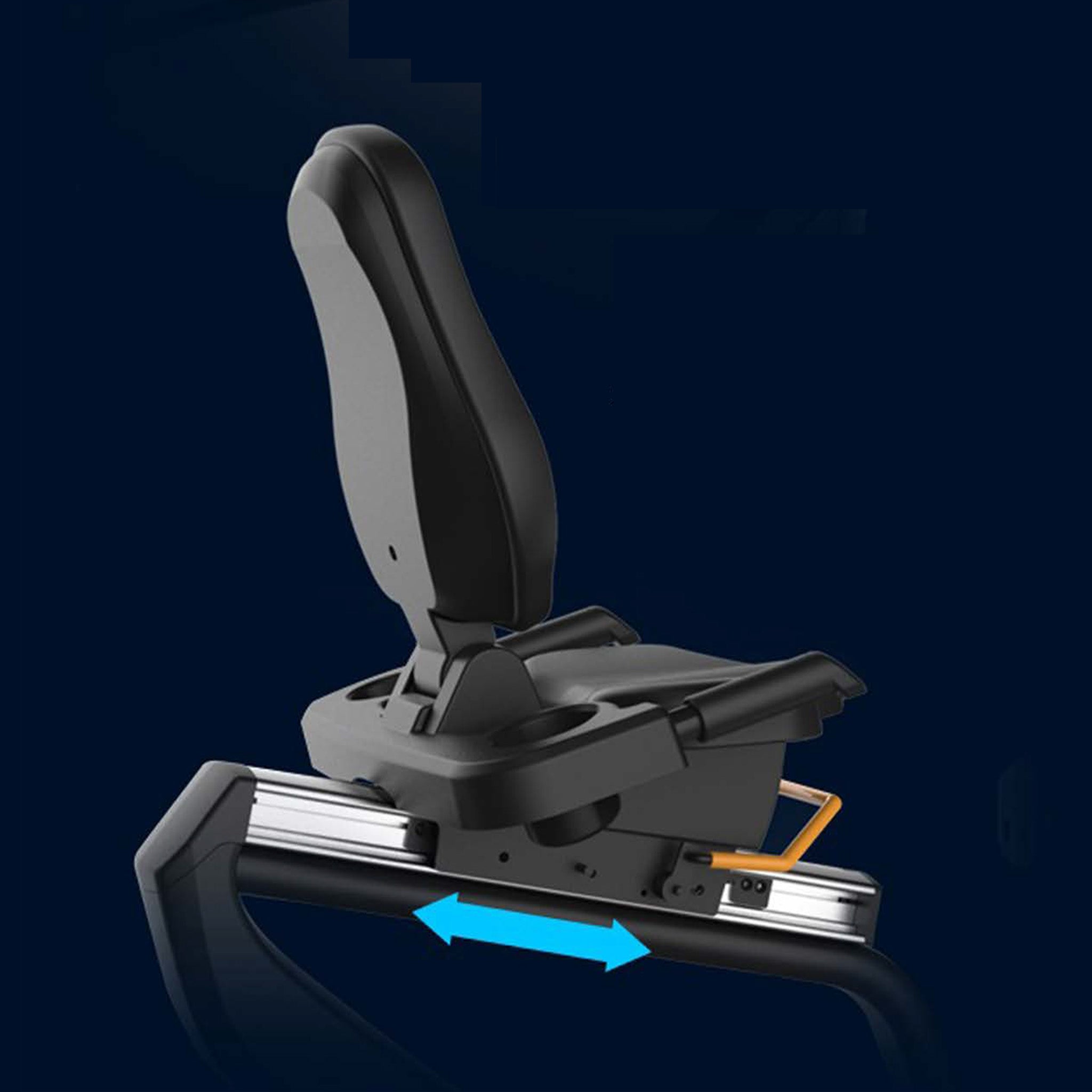 Adjustable seat on VO3 commercial recumbent bike against a background