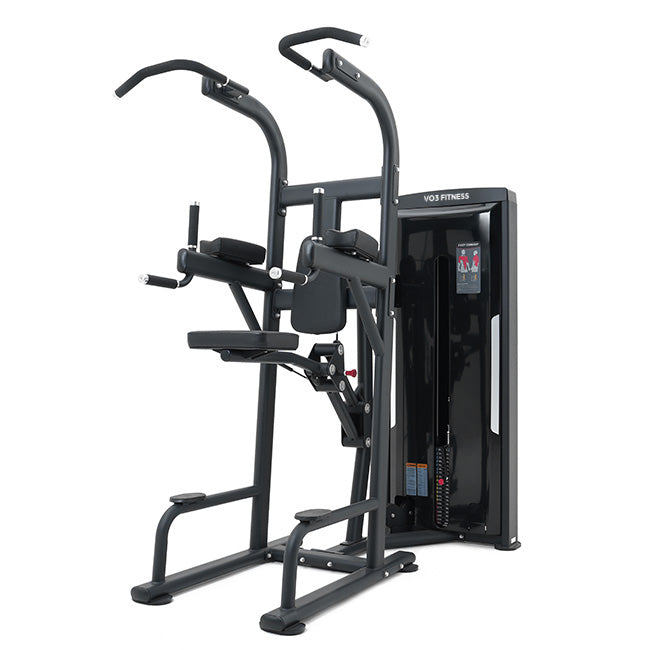 VO3 EVO Assisted Chin Dip Machine – angled product view showcasing frame, handles, and weight-assisted platform.