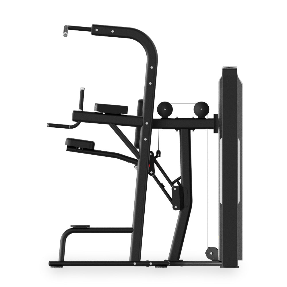 Side profile of the VO3 EVO Assisted Chin Dip Machine highlighting the weight stack and support arms.