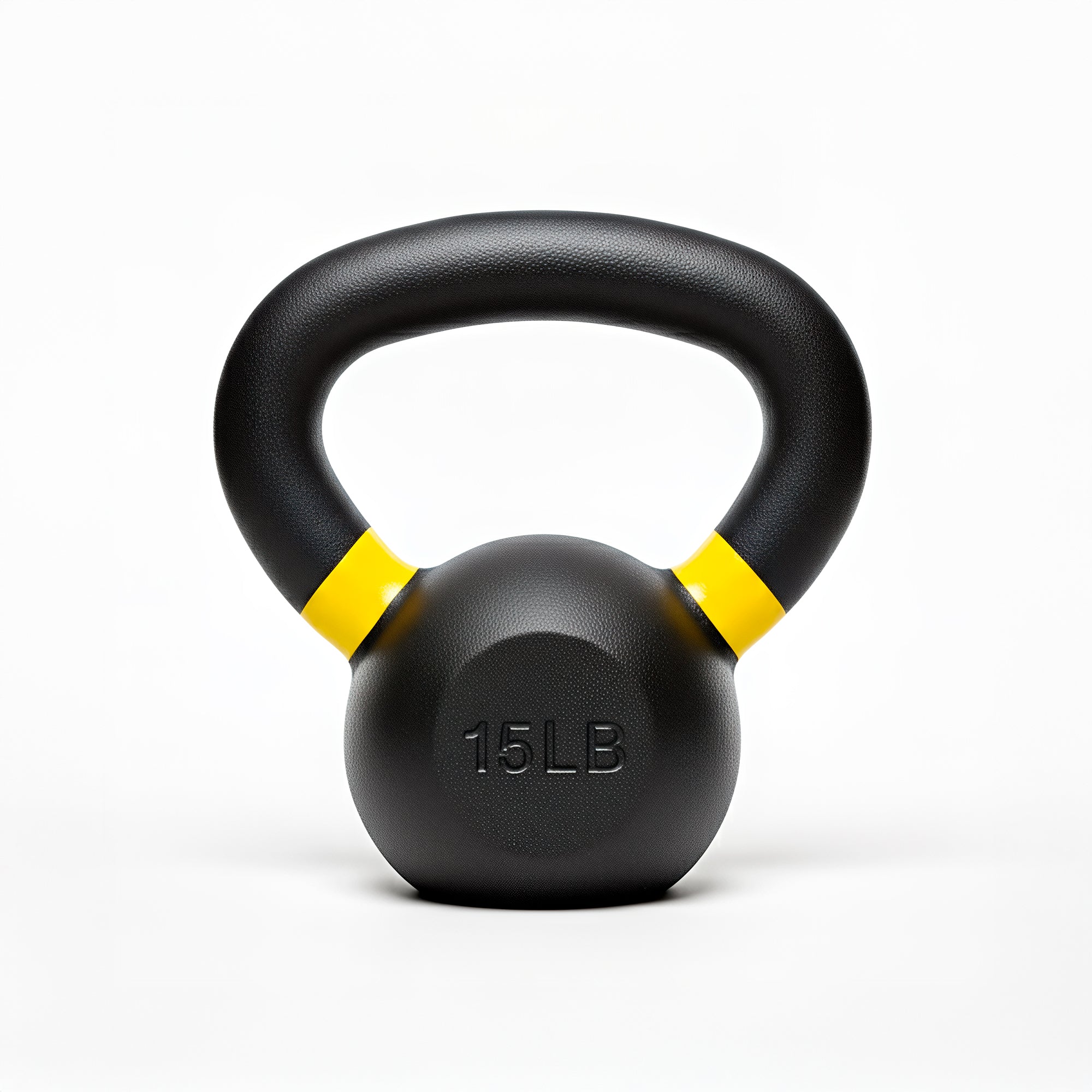 VO3 Fitness 15lb cast iron kettlebell with yellow ring – front view.