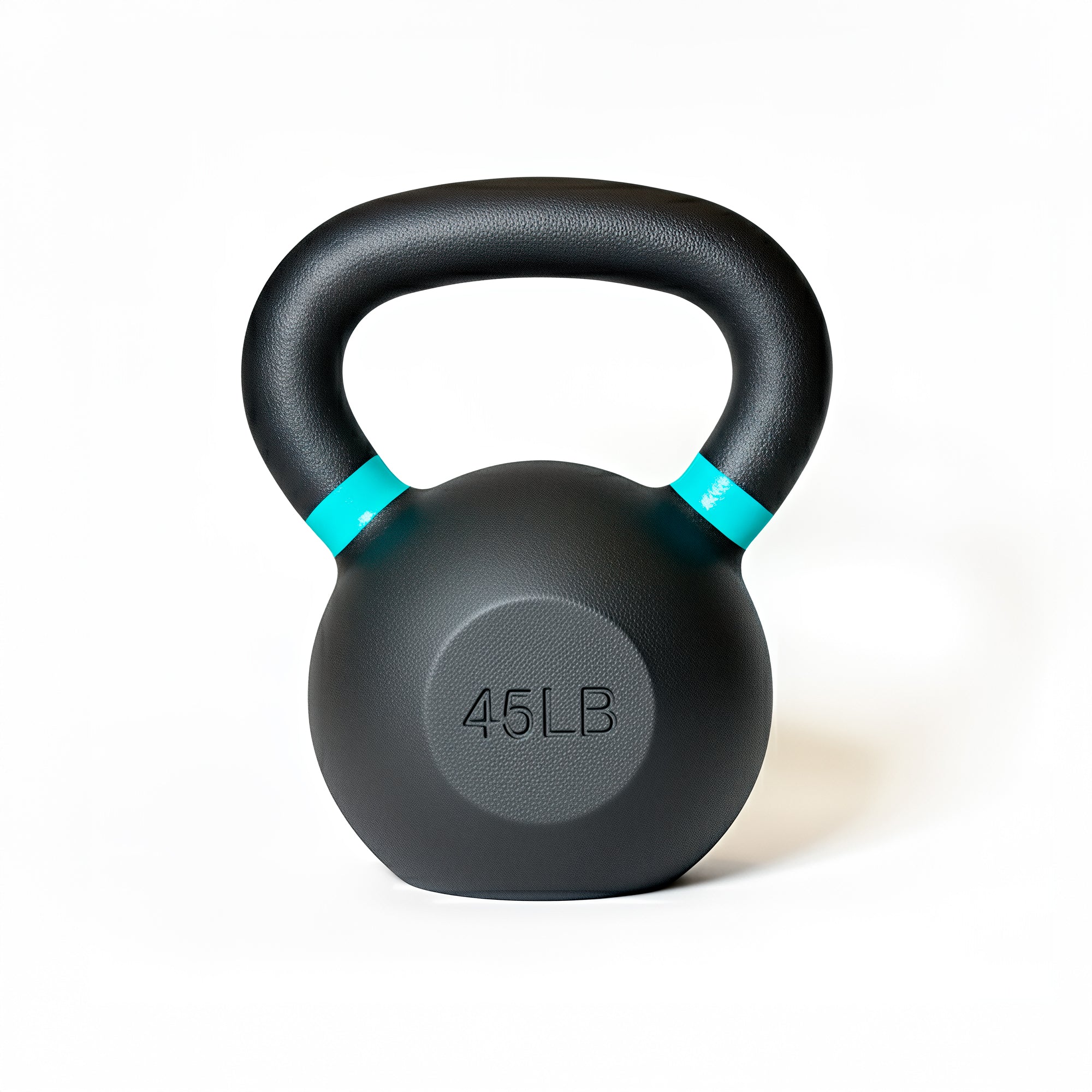 VO3 Fitness 45lb cast iron kettlebell with turquoise ring – front view.