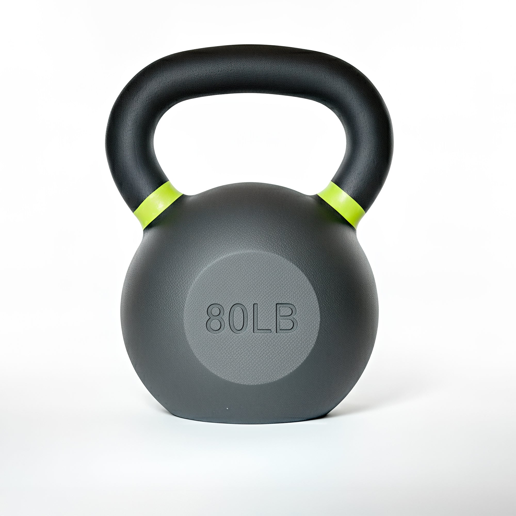 VO3 Fitness 80lb cast iron kettlebell with yellow ring – front view.