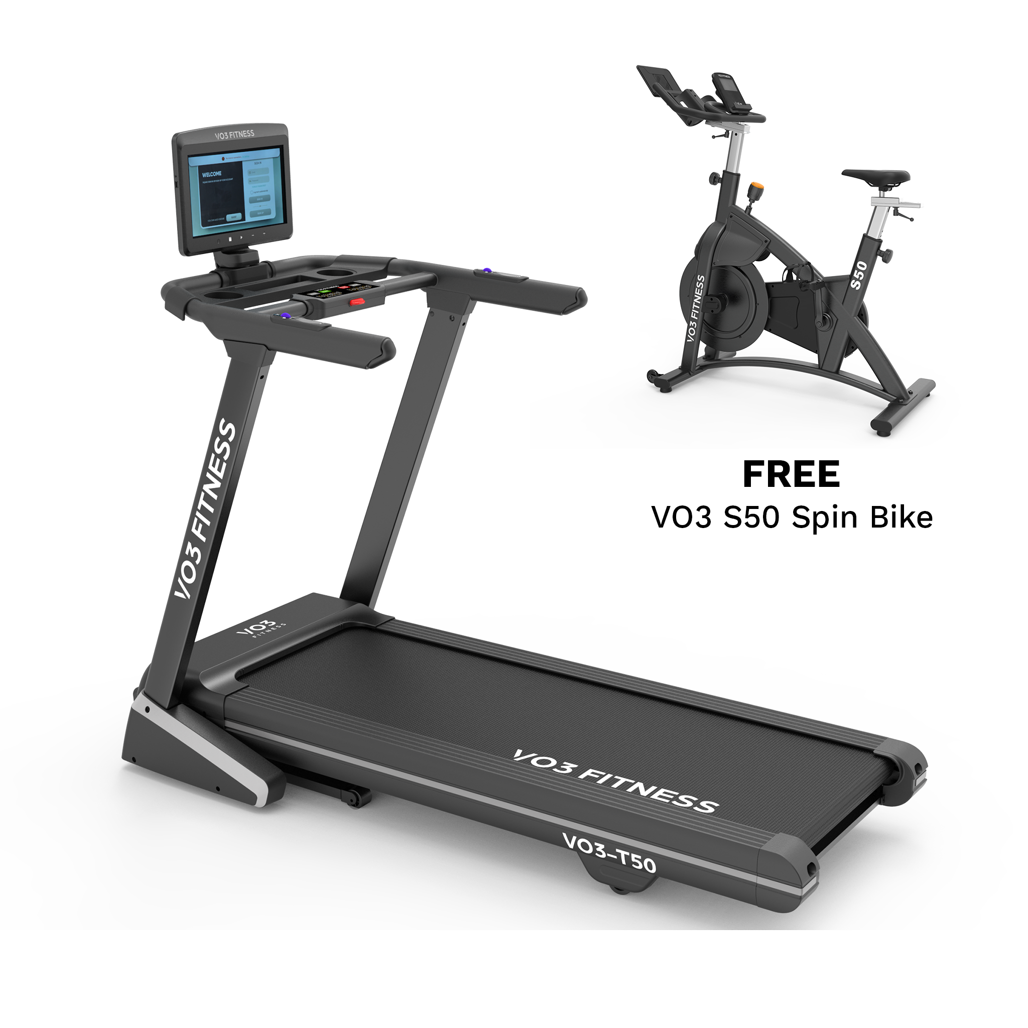 VO3 Fitness T50e Folding Treadmill with Free S50 Spin Bike – premium cardio package.