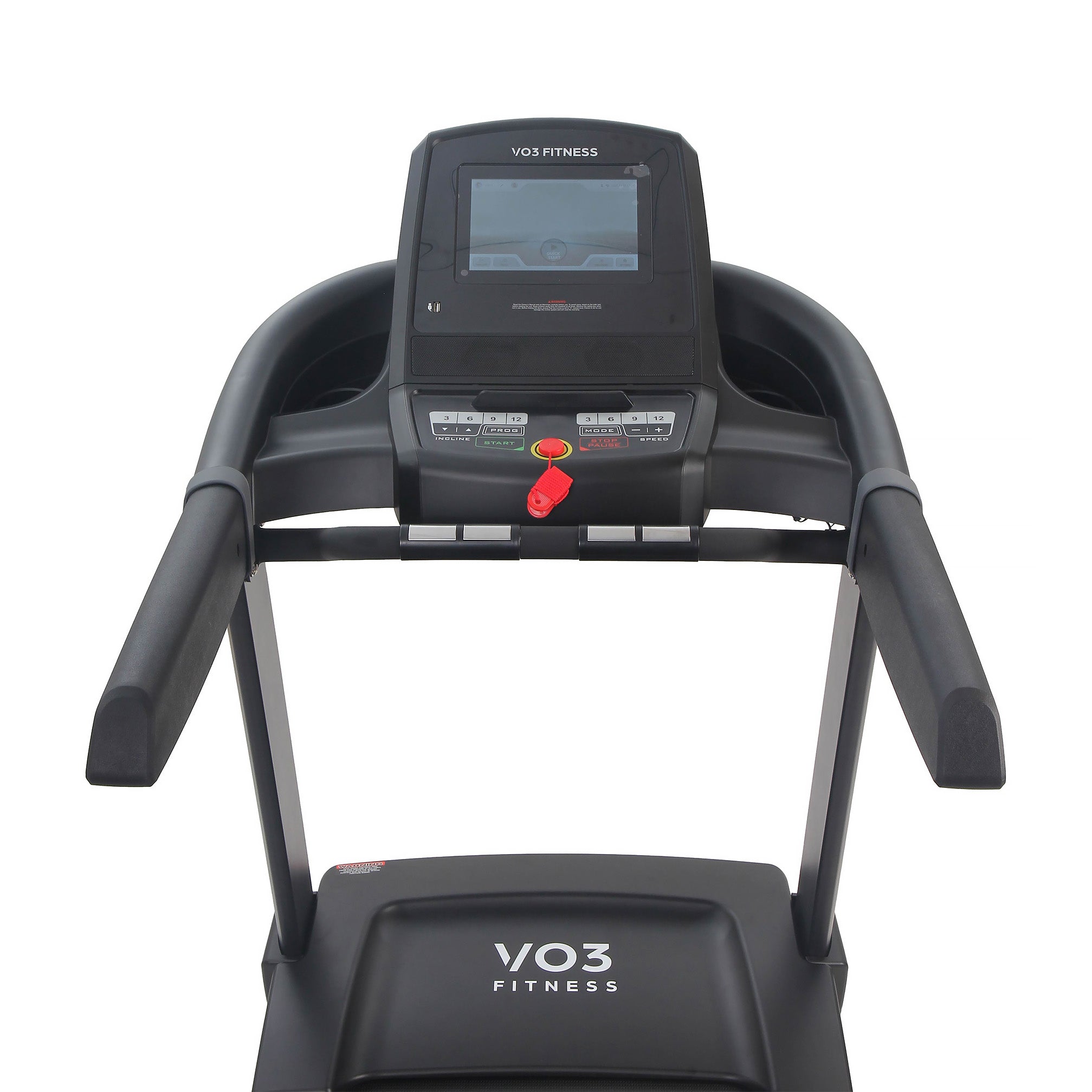 VO3 Fitness treadmill half view showing console and running deck