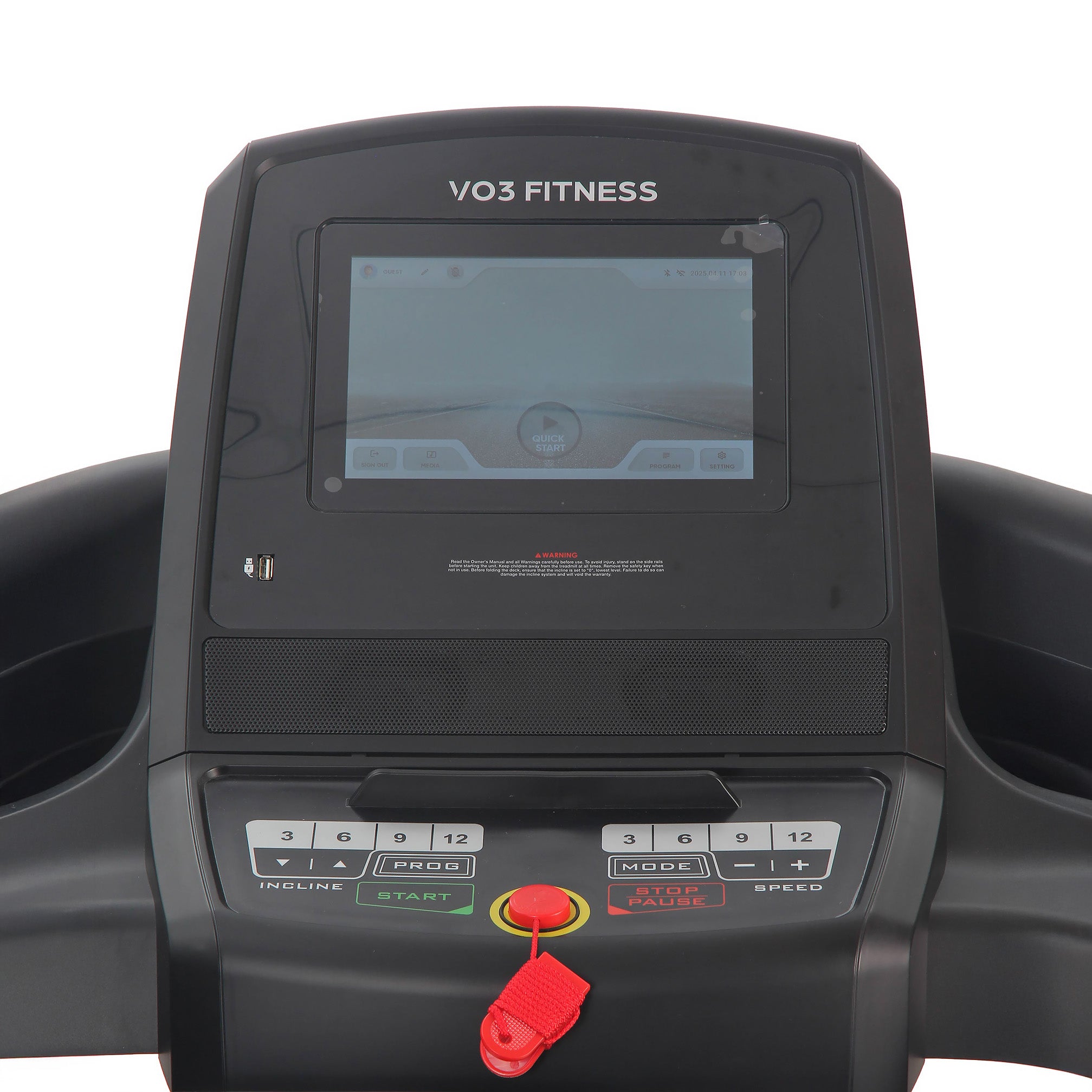 VO3 Fitness treadmill view showing console