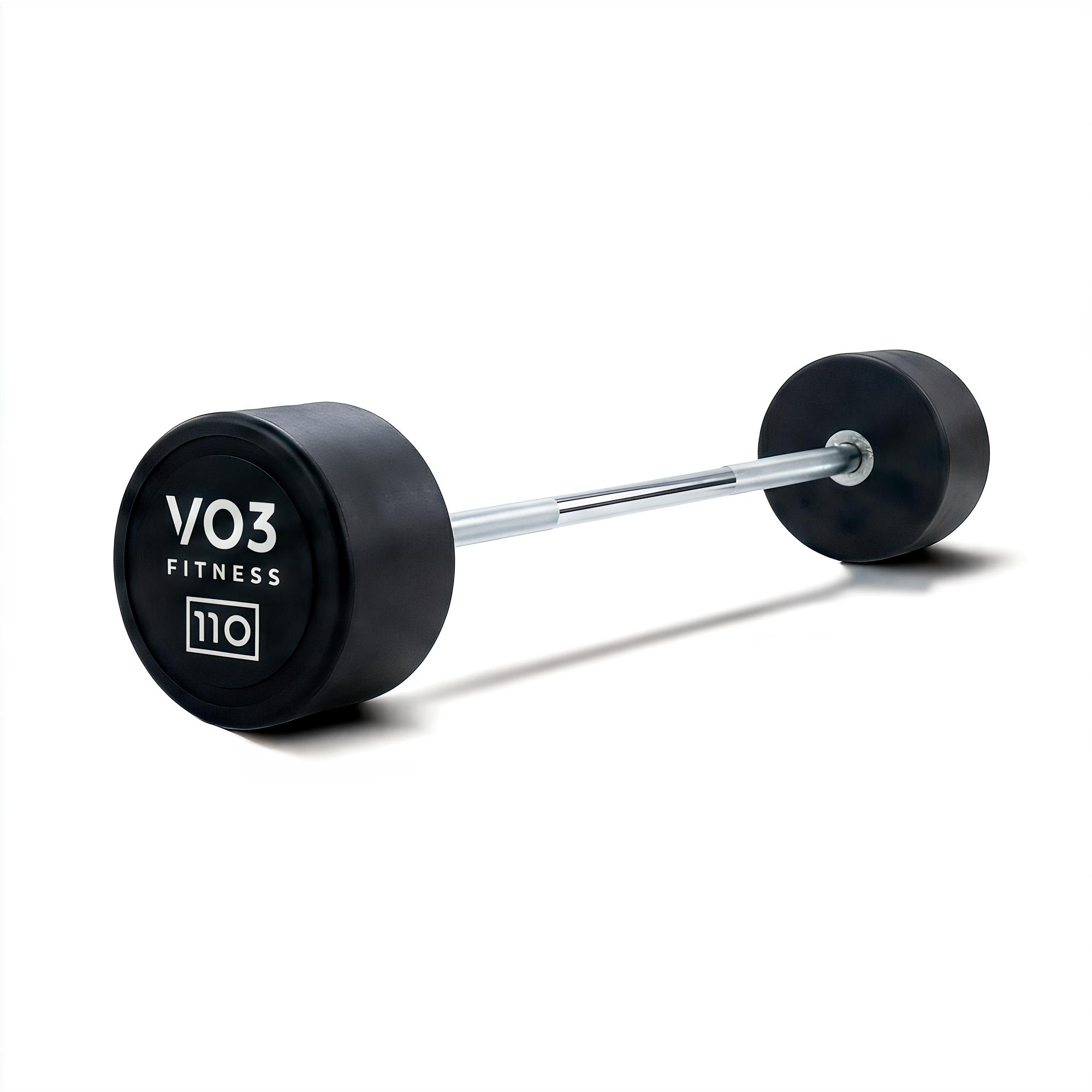 Angled view of the VO3 Fitness 110 lb fixed straight barbell with rubber-coated ends.
