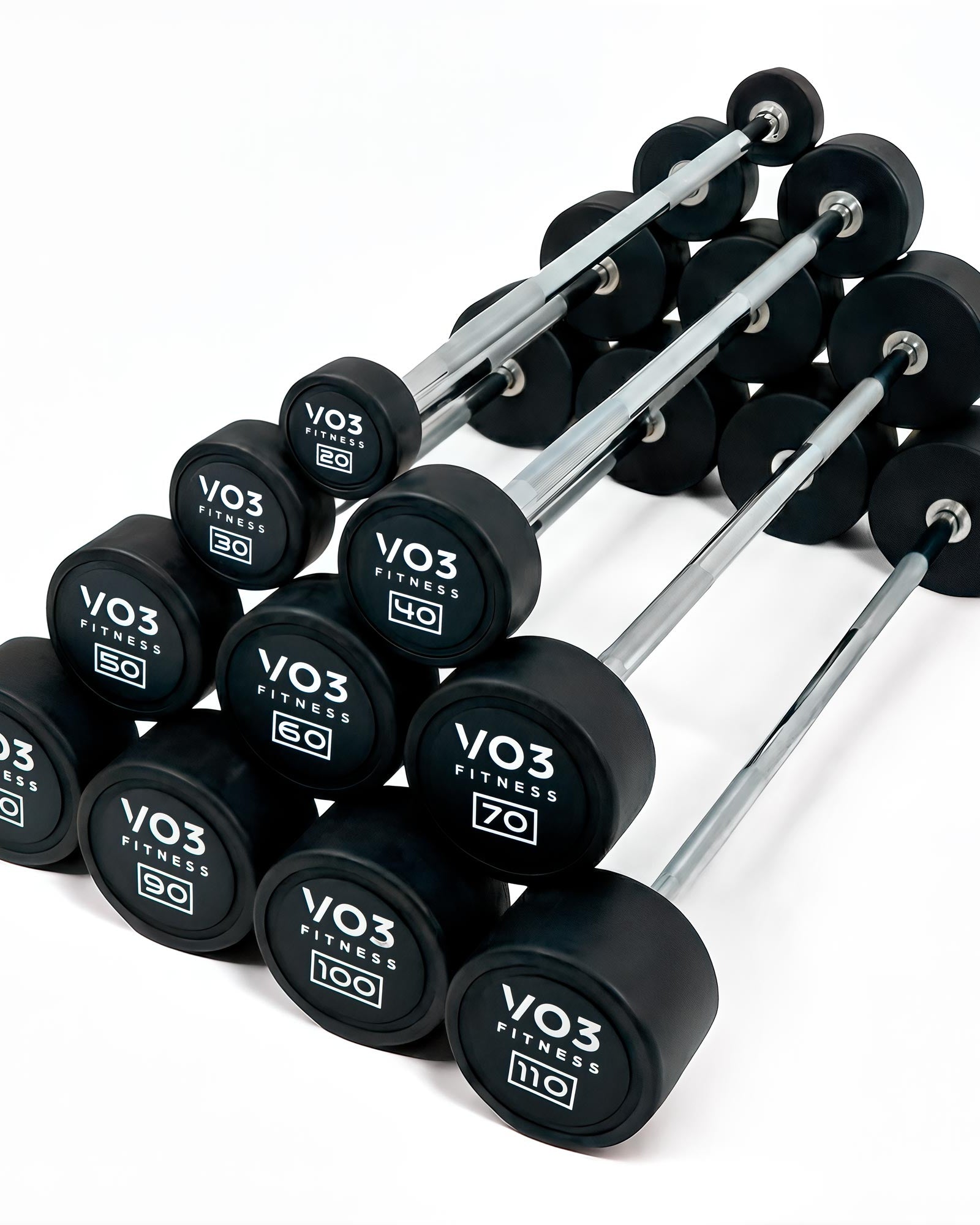 VO3 Fitness fixed straight barbells stacked in an angled pyramid, showing weights from 20 lb to 110 lb.