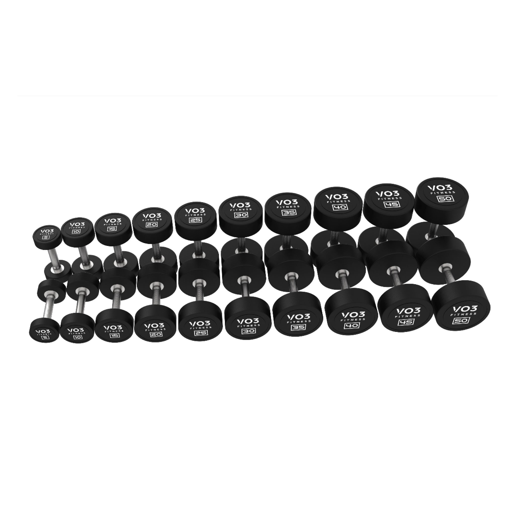 VO3 premium round rubber dumbbell set 5–50 lbs front view (dumbbells only)