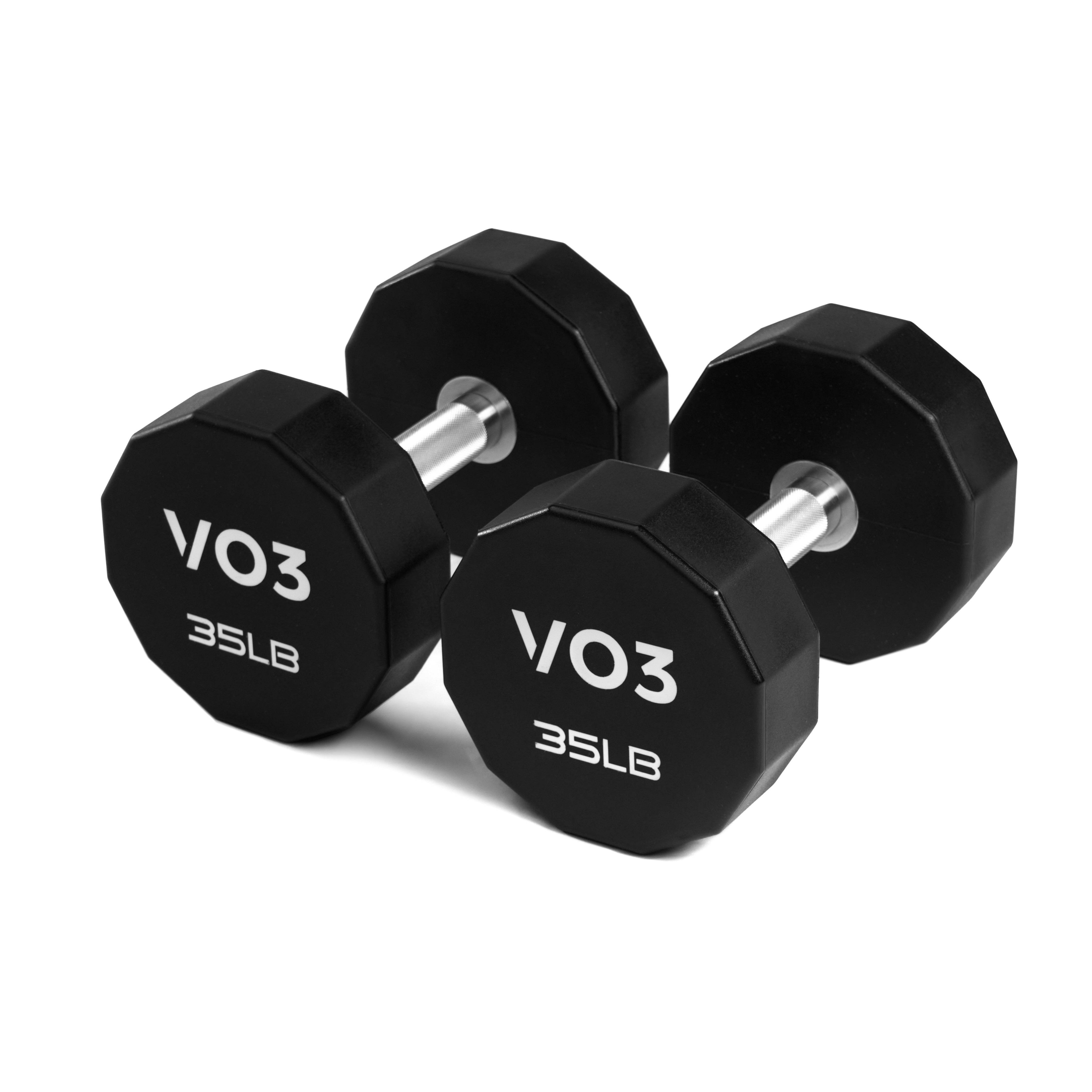 A pair of black 12-sided VO3 dumbbells with chrome handles