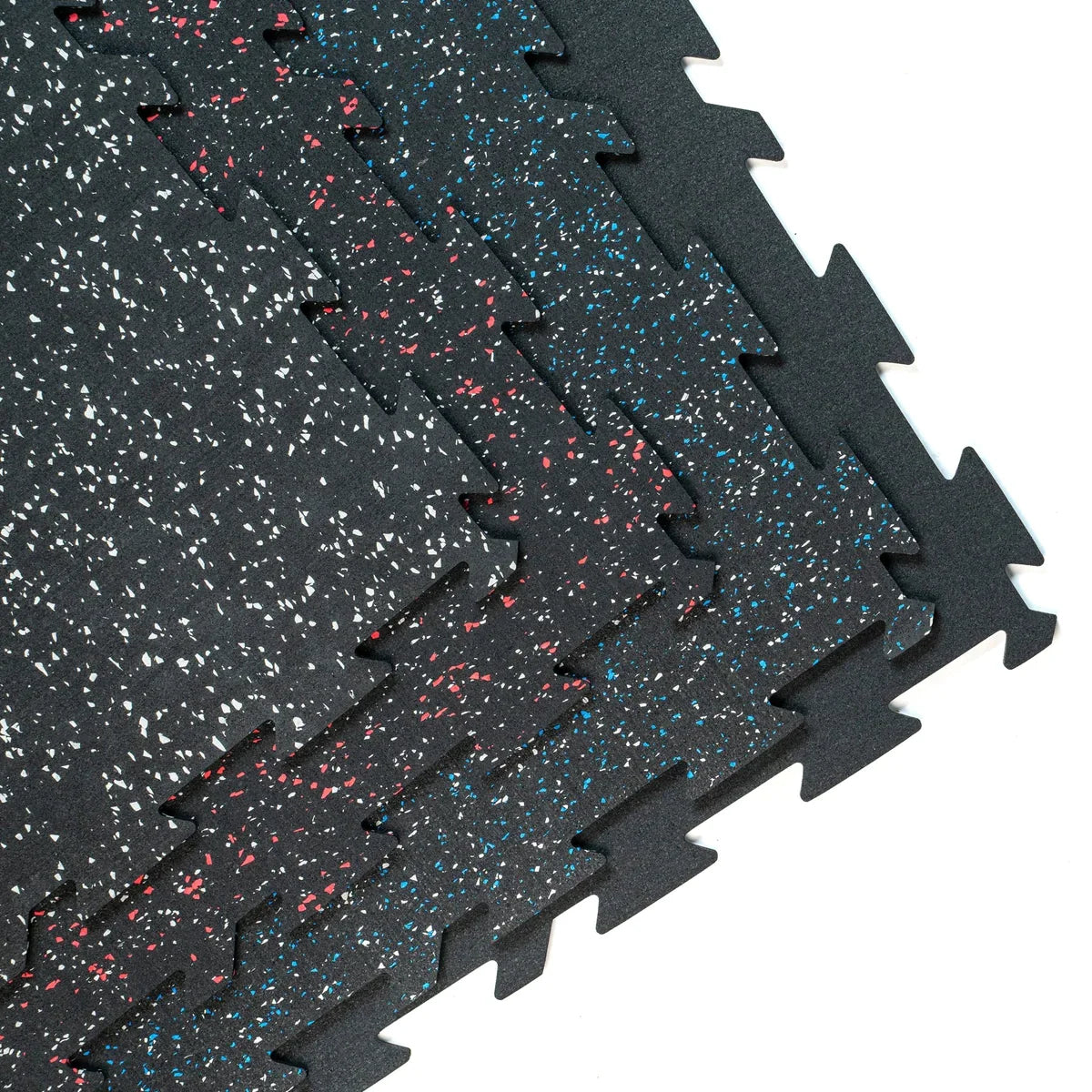 Interlocking black rubber gym flooring tiles with coloured flecks