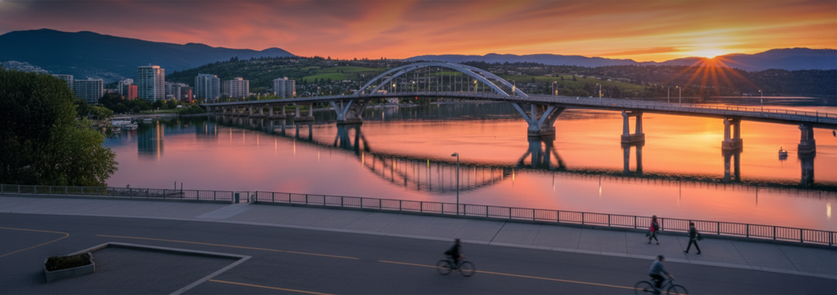 Sunset over a bridge with people walking and cycling on a path by a river.