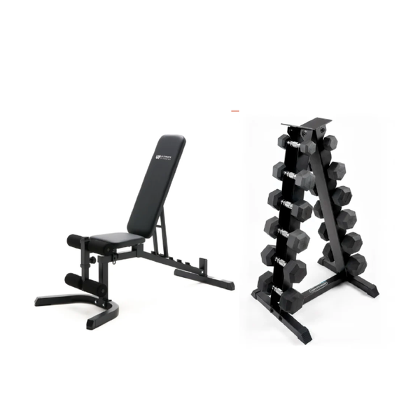 Ultimate Fitness FID Bench with 5-30 lb Dumbbell Set & 6-Pair Rack Bundle