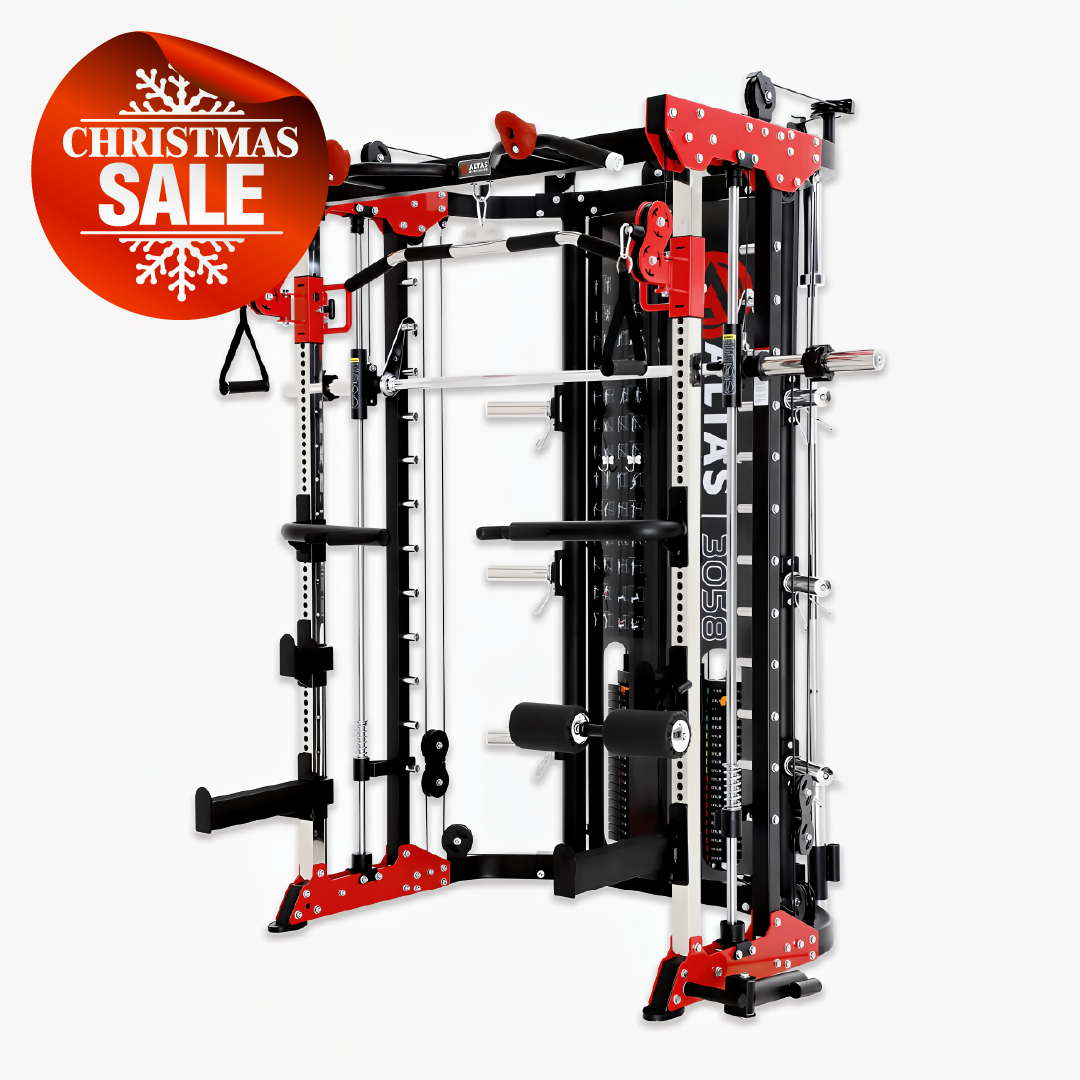 Altas Strength AL-3058G light-commercial Smith machine with attachments, displayed with Christmas Sale badge.