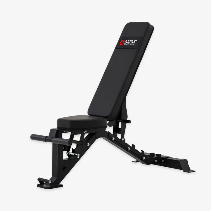 Angled upright view of the Altas Strength AL-4026 adjustable gym bench.