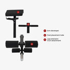 Altas Strength AL-4026 bench attachments: arm developer, foot placement tube, and leg extension/curl attachment.