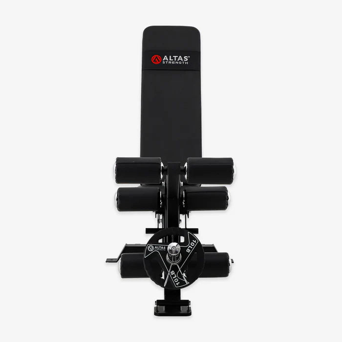 Front view of the Altas Strength AL-4026 bench with leg extension and curl attachment.