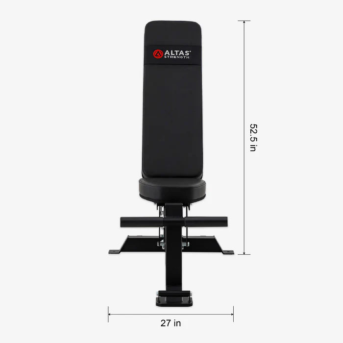 Front view of the Altas Strength AL-4026 bench showing 52.5-inch height and 27-inch width.