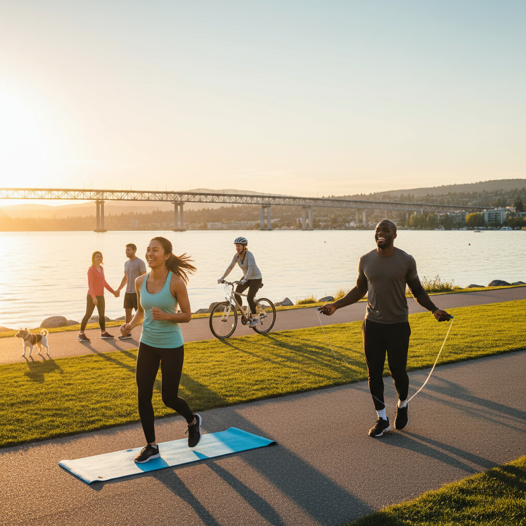Group of people engaged in outdoor fitness and exercise along the waterfront of Okanagan Lake in Kelowna, BC. Realistic lifestyle image promoting community health and wellness.