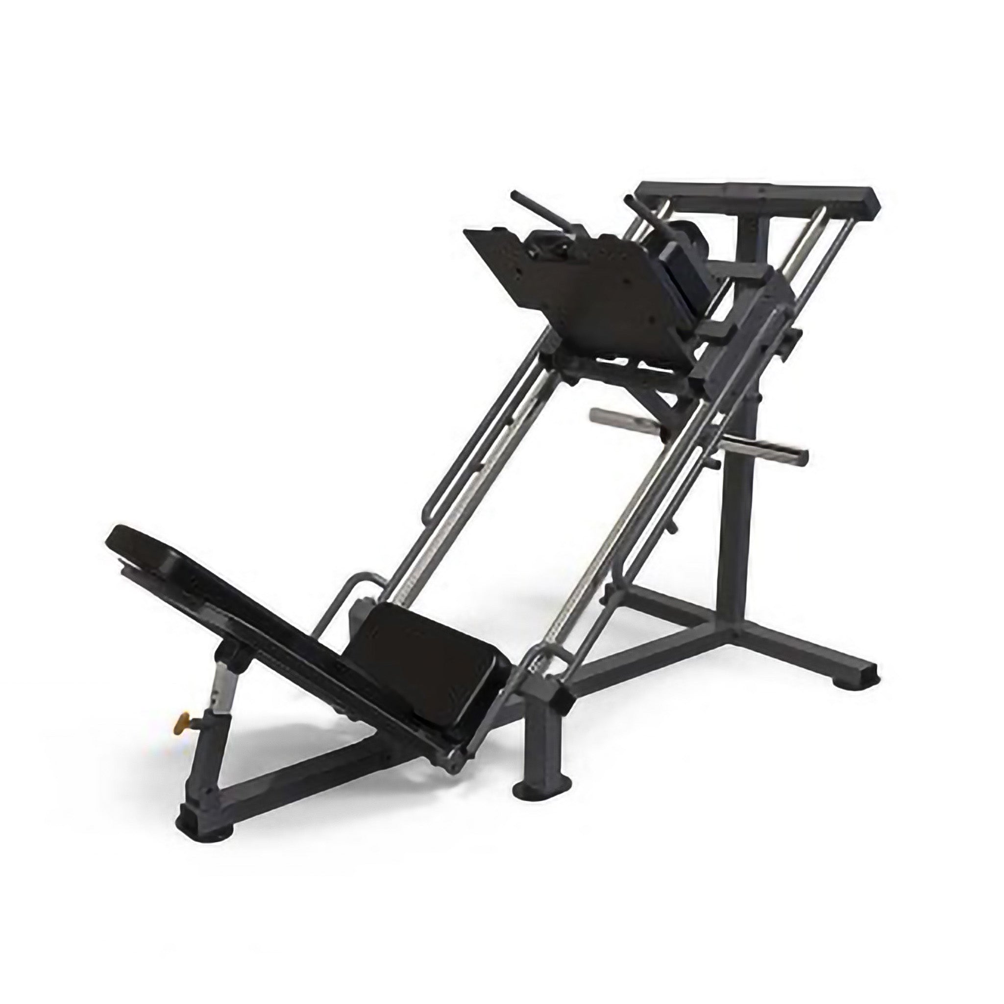 Leg press and hack squat machine with angled dual-track design and padded support for lower body strength training