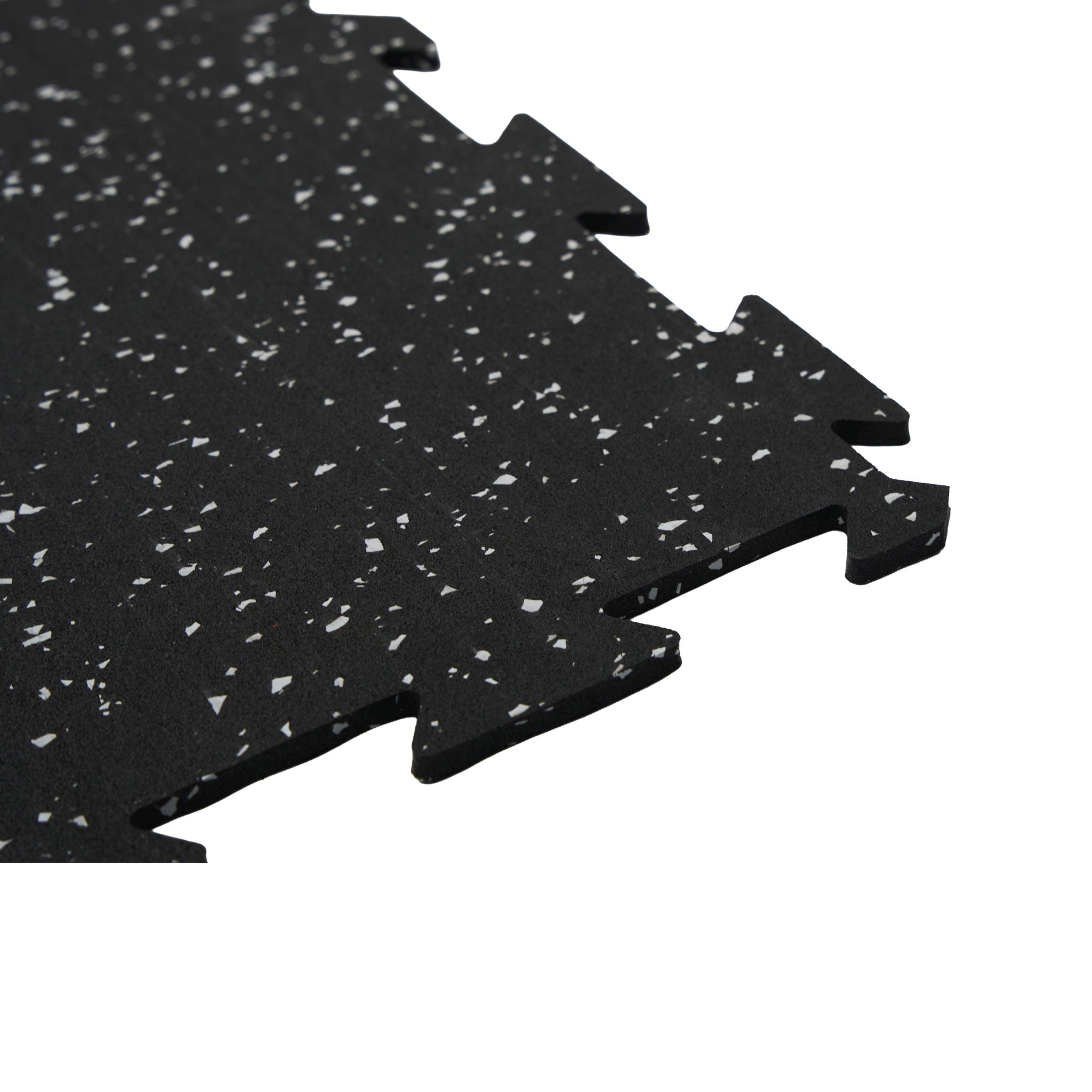 Close-up of Ultimate Fitness residential interlocking rubber gym flooring tile edge in black speckle finish