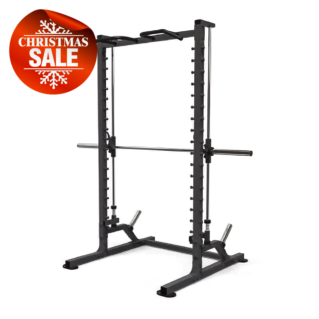 VO3-201HR Utility Half Rack Smith Machine with integrated bar and multi-grip pull-up bar, shown with Christmas Sale badge.