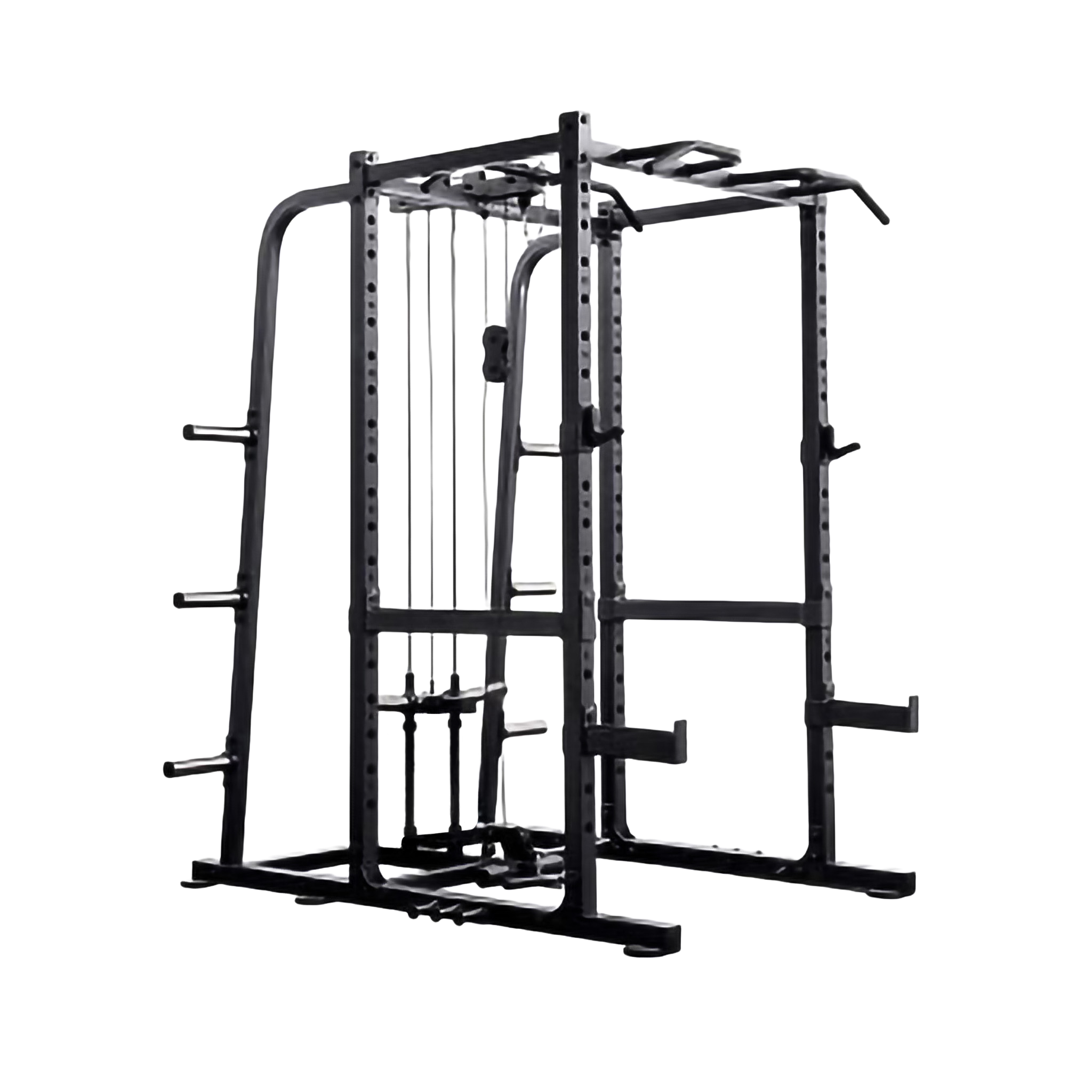 VO3-217PR Functional Power Rack paired with VO3-217GL Lat Attachment – heavy-duty commercial-grade squat rack with integrated pulley system for strength training.
