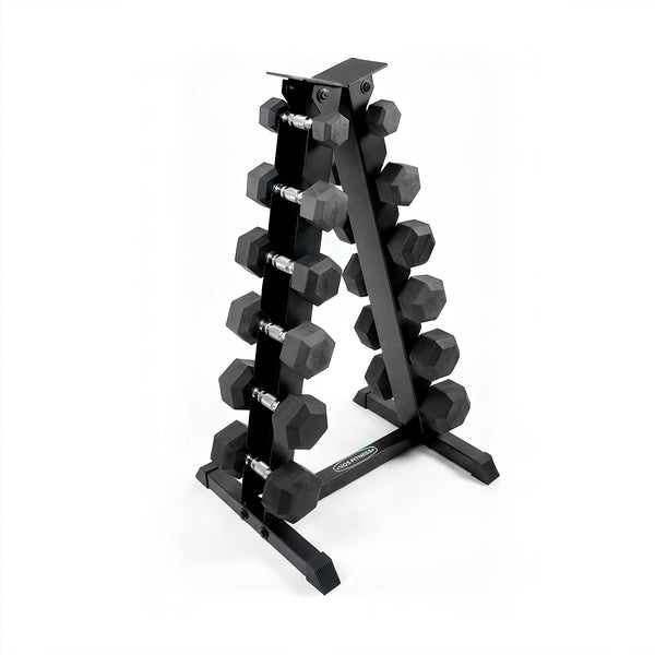 VO3 5–30lb Rubber Hex Dumbbell Set with 6-Pair A-Frame Rack