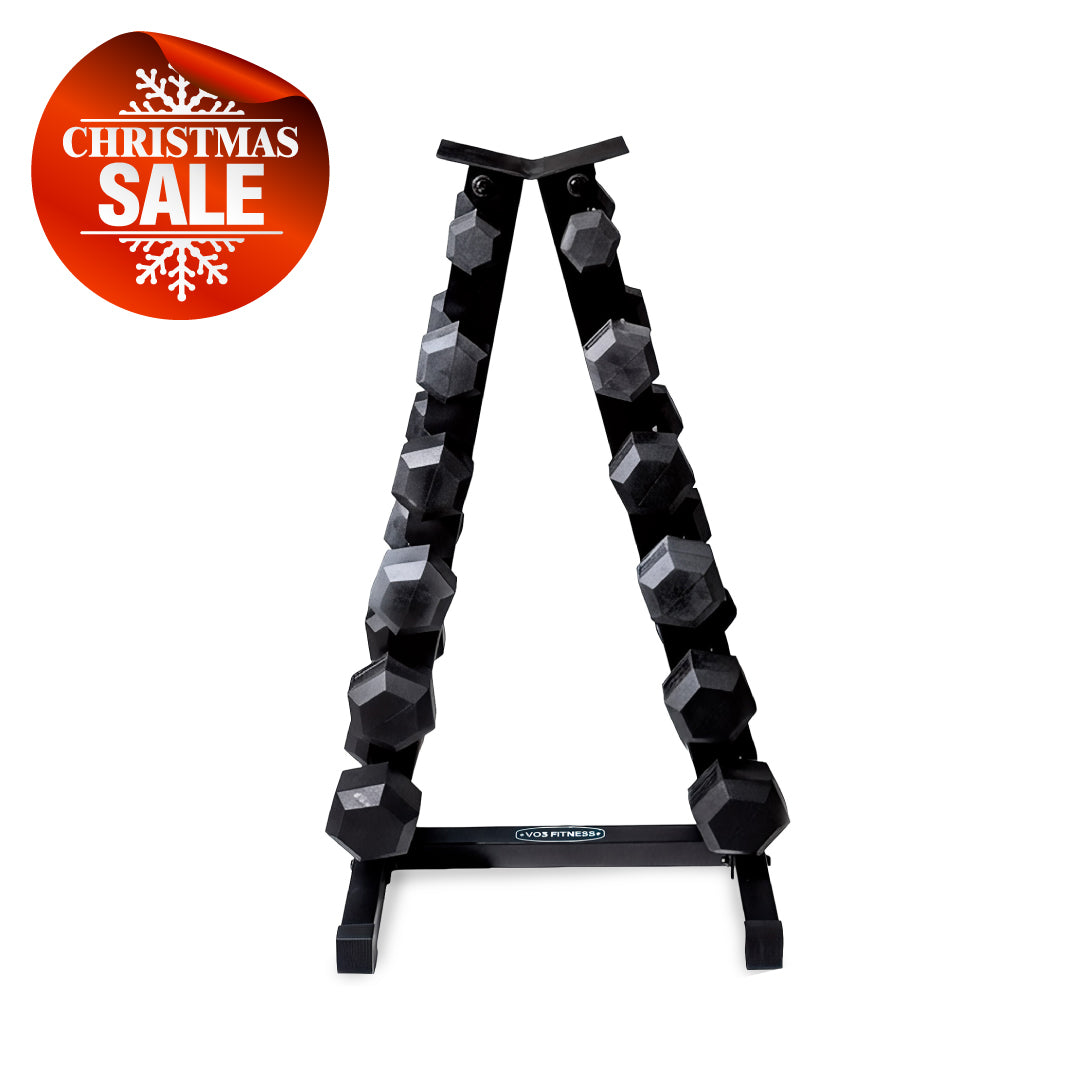 VO3 A-Frame dumbbell rack with hex dumbbells included, displayed with Christmas Sale badge.