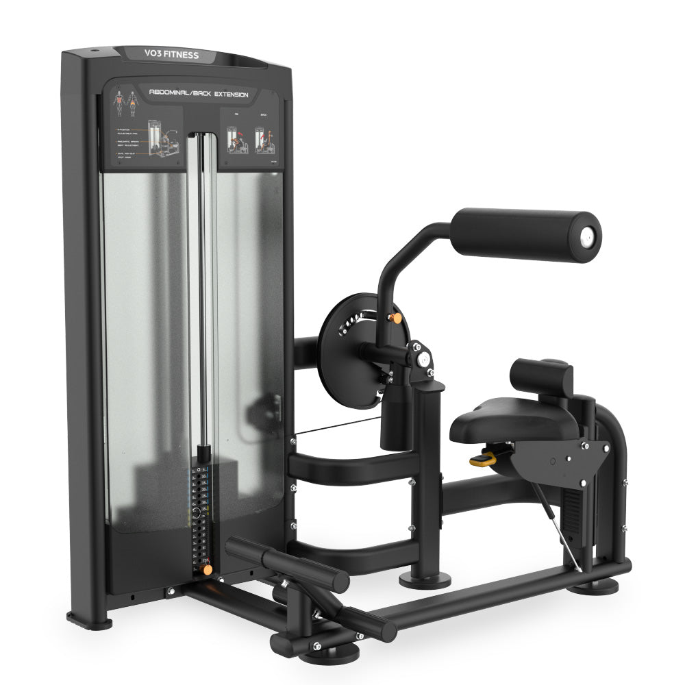 VO3 EVO Ab Crunch and Back Extension machine – angled commercial fitness equipment view.