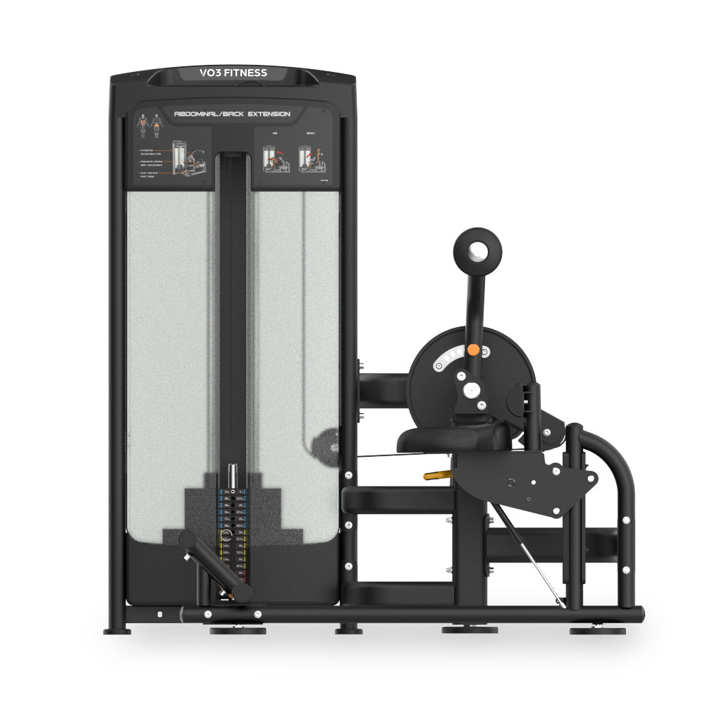 Front view of the VO3 EVO Ab Crunch/Back Extension machine with weight stack enclosure.